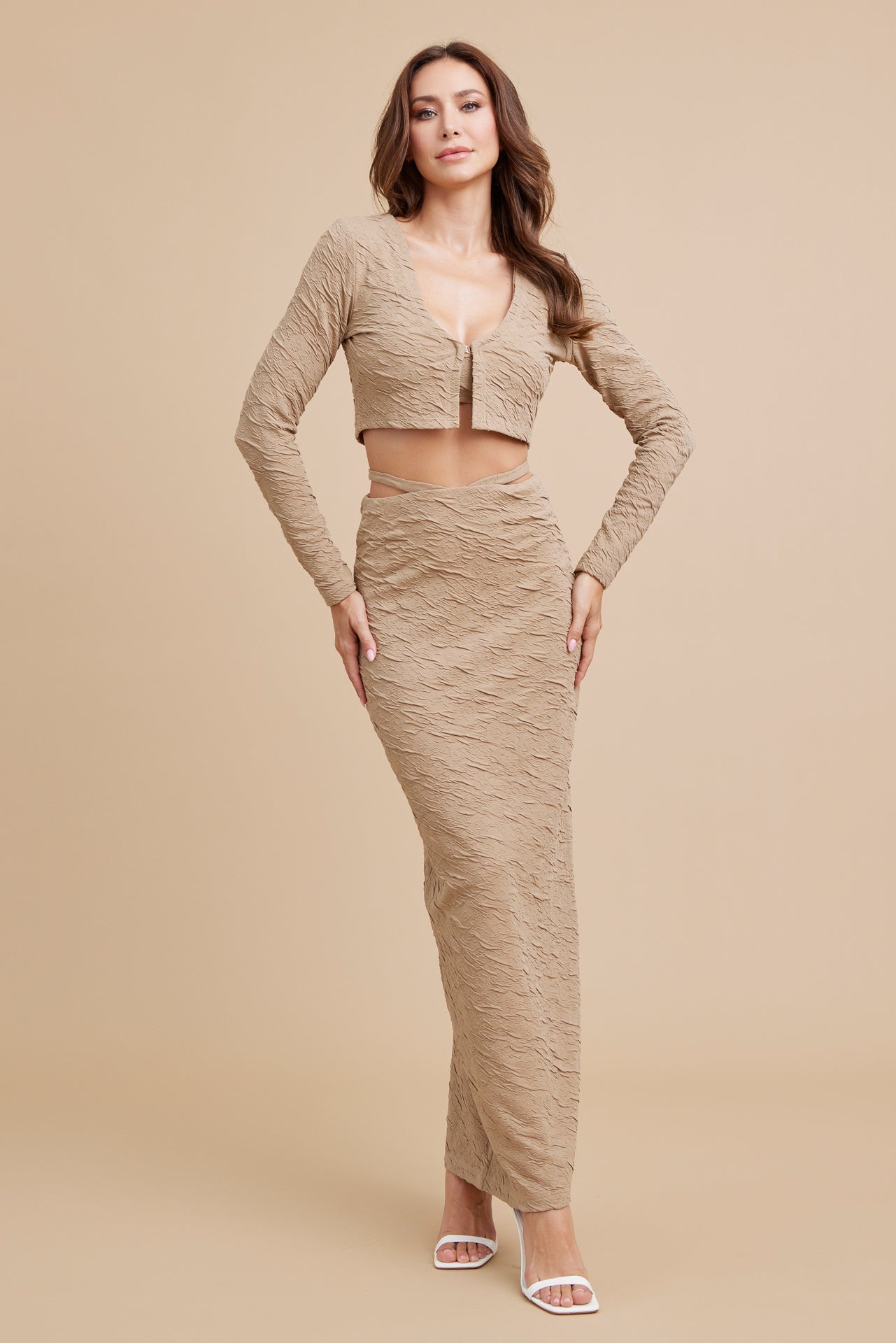 Textured Knit Bra Top, Cardigan and Maxi Skirt Set