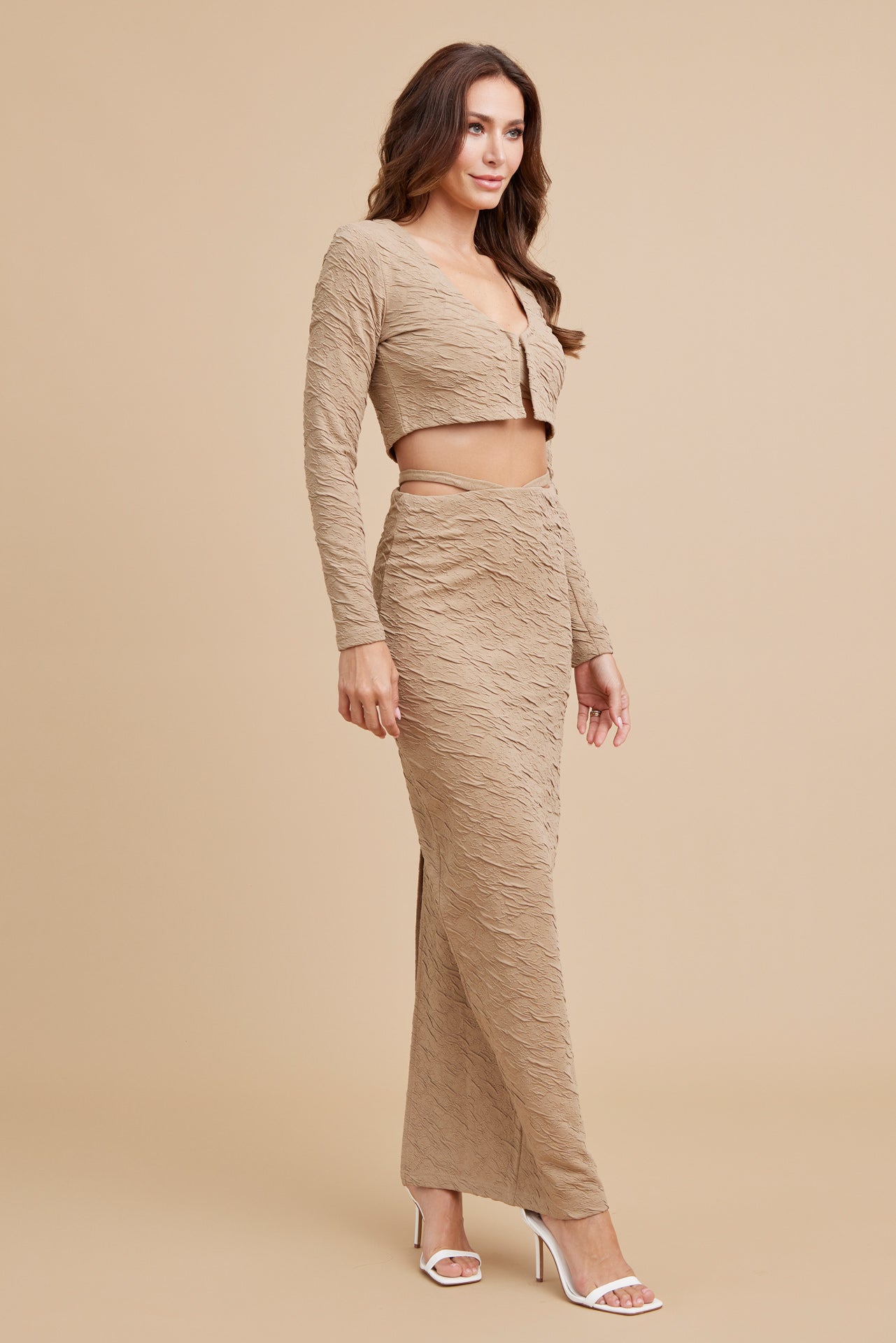 Textured Knit Bra Top, Cardigan and Maxi Skirt Set