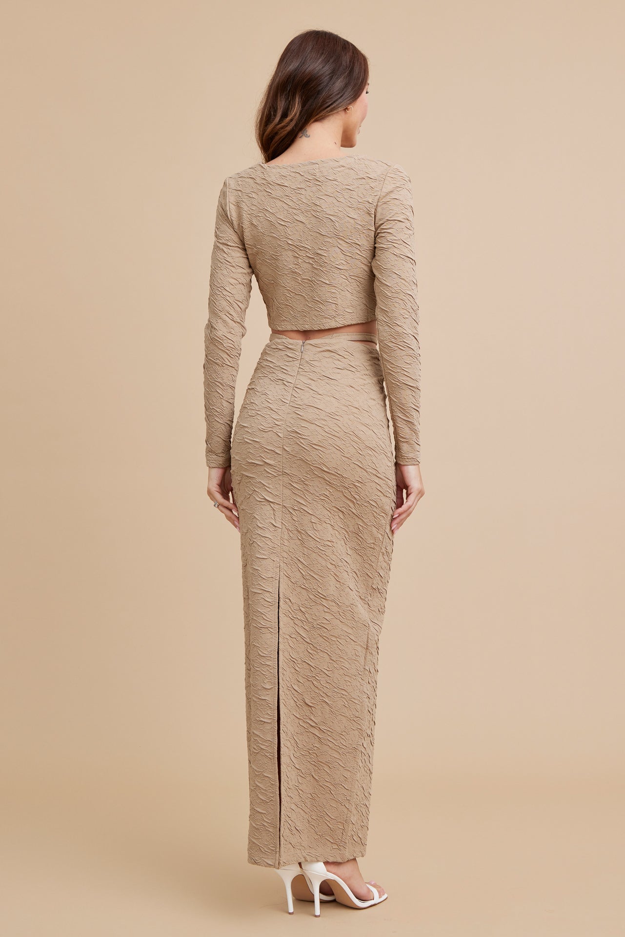 Textured Knit Bra Top, Cardigan and Maxi Skirt Set