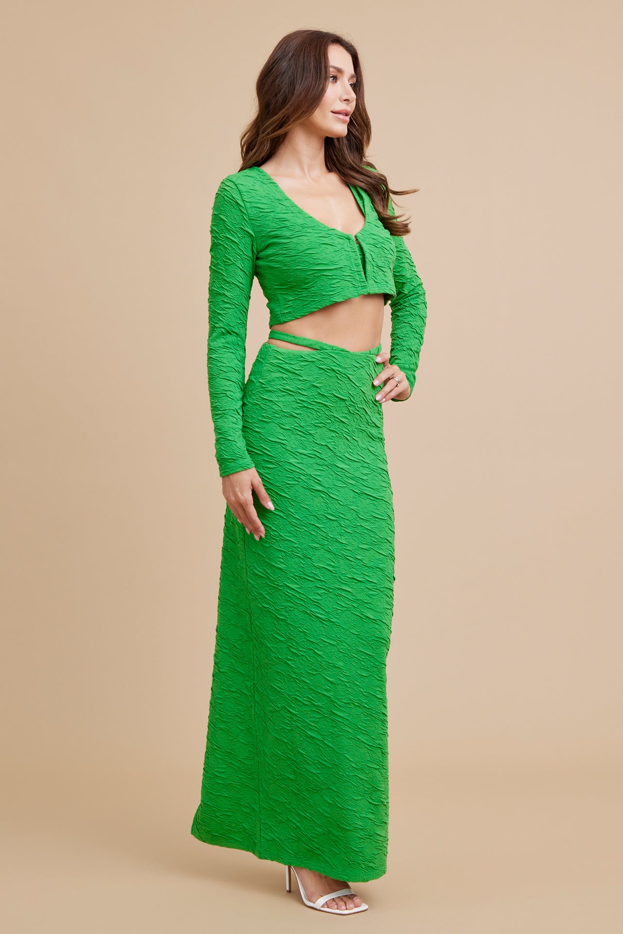 Textured Knit Bra Top, Cardigan and Maxi Skirt Set