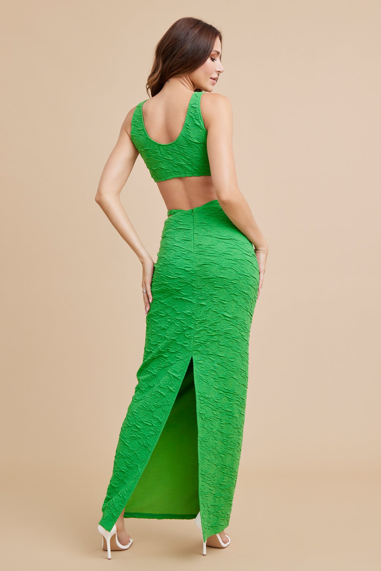 Textured Knit Bra Top, Cardigan and Maxi Skirt Set