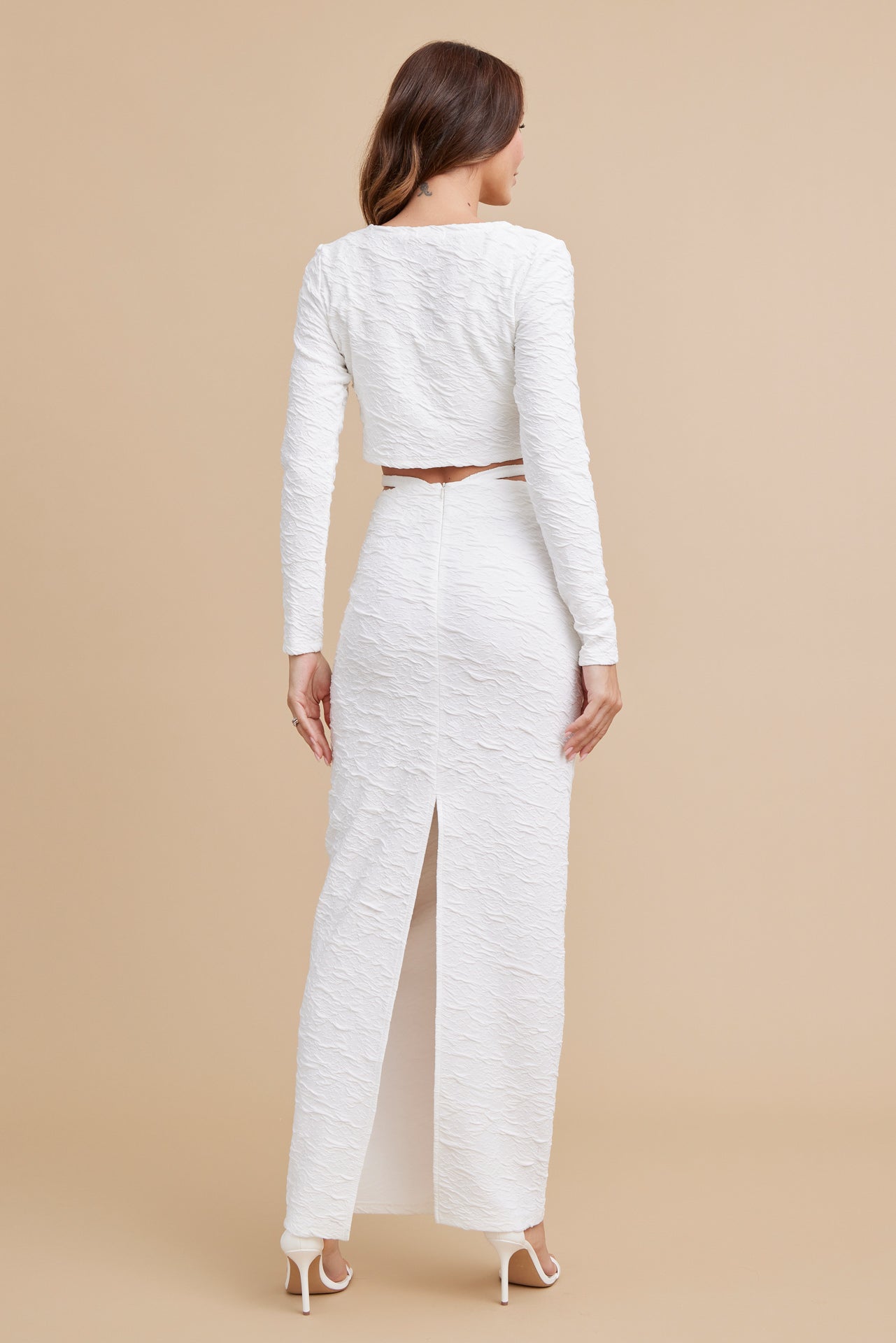 Textured Knit Bra Top, Cardigan and Maxi Skirt Set