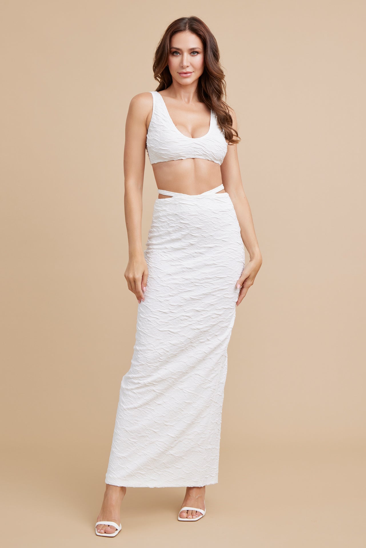 Textured Knit Bra Top, Cardigan and Maxi Skirt Set