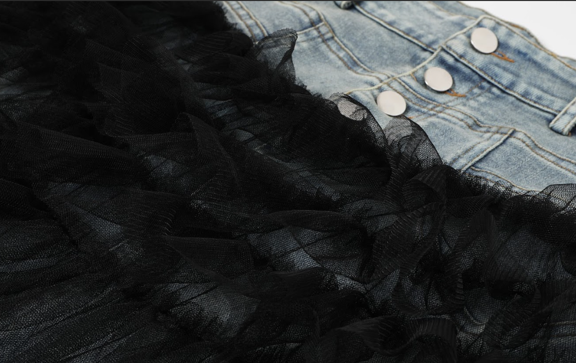 Denim Skirt with Mesh Contrast