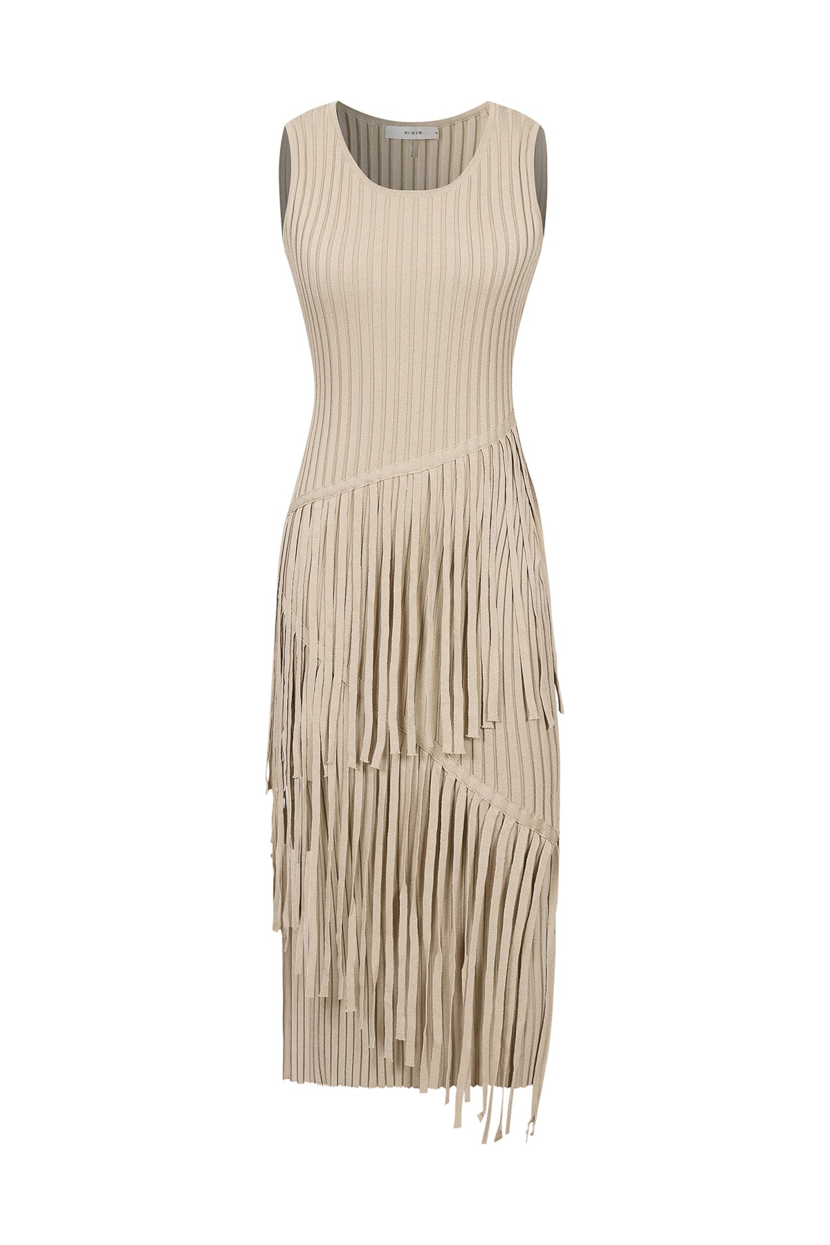 Sleeveless Rib Knit Midi Fringe Dress