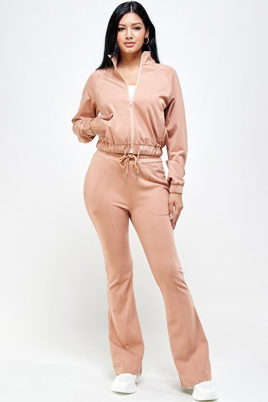 Simple Day Knit Track Jacket and Flare Pants Set