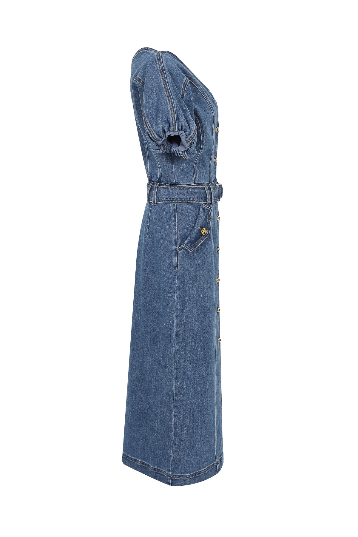 Cosette Denim Short Puff Sleeve Mini Dress With Belt
