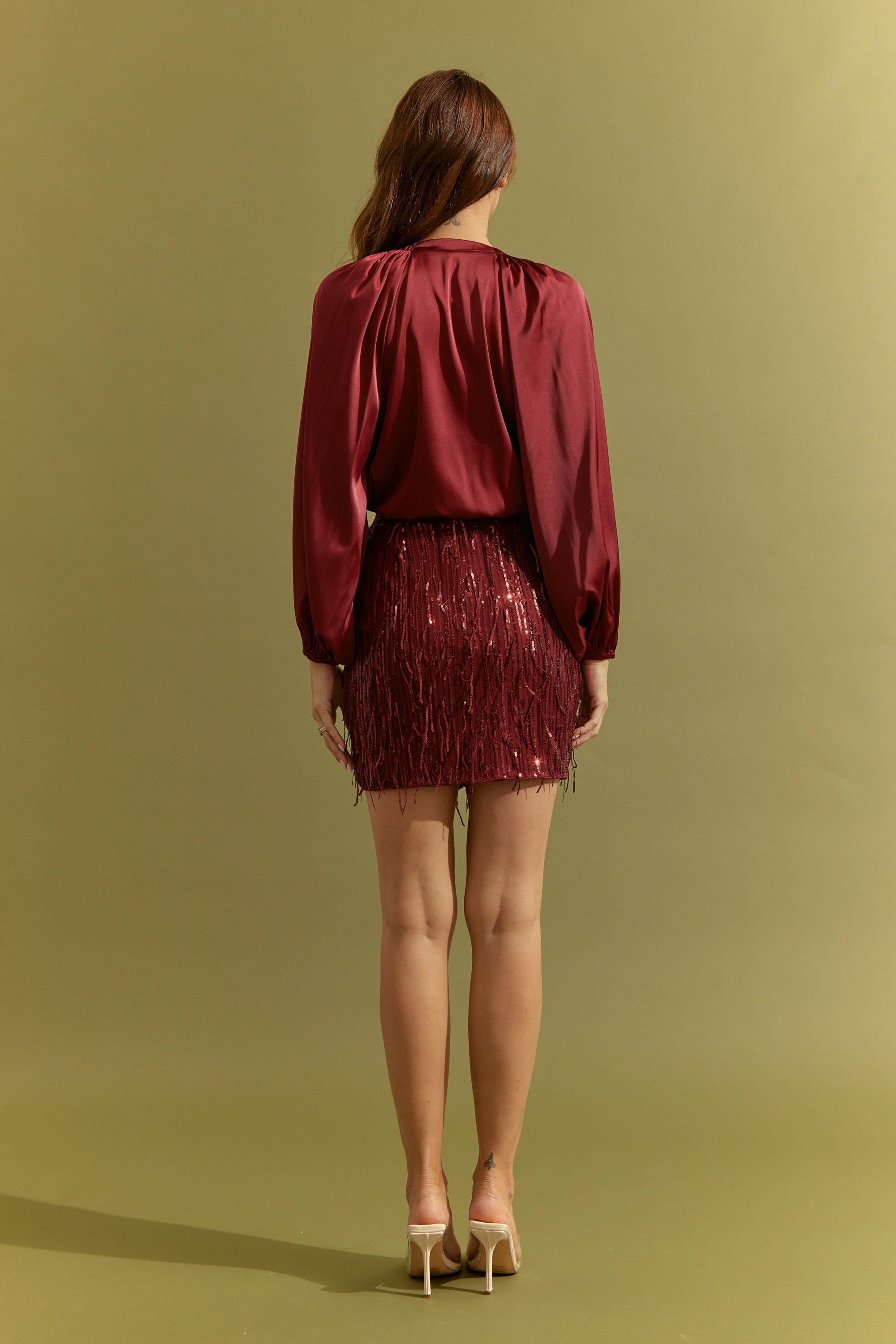 Satin Bodysuit & Sequin Mesh Mini Skirt Set