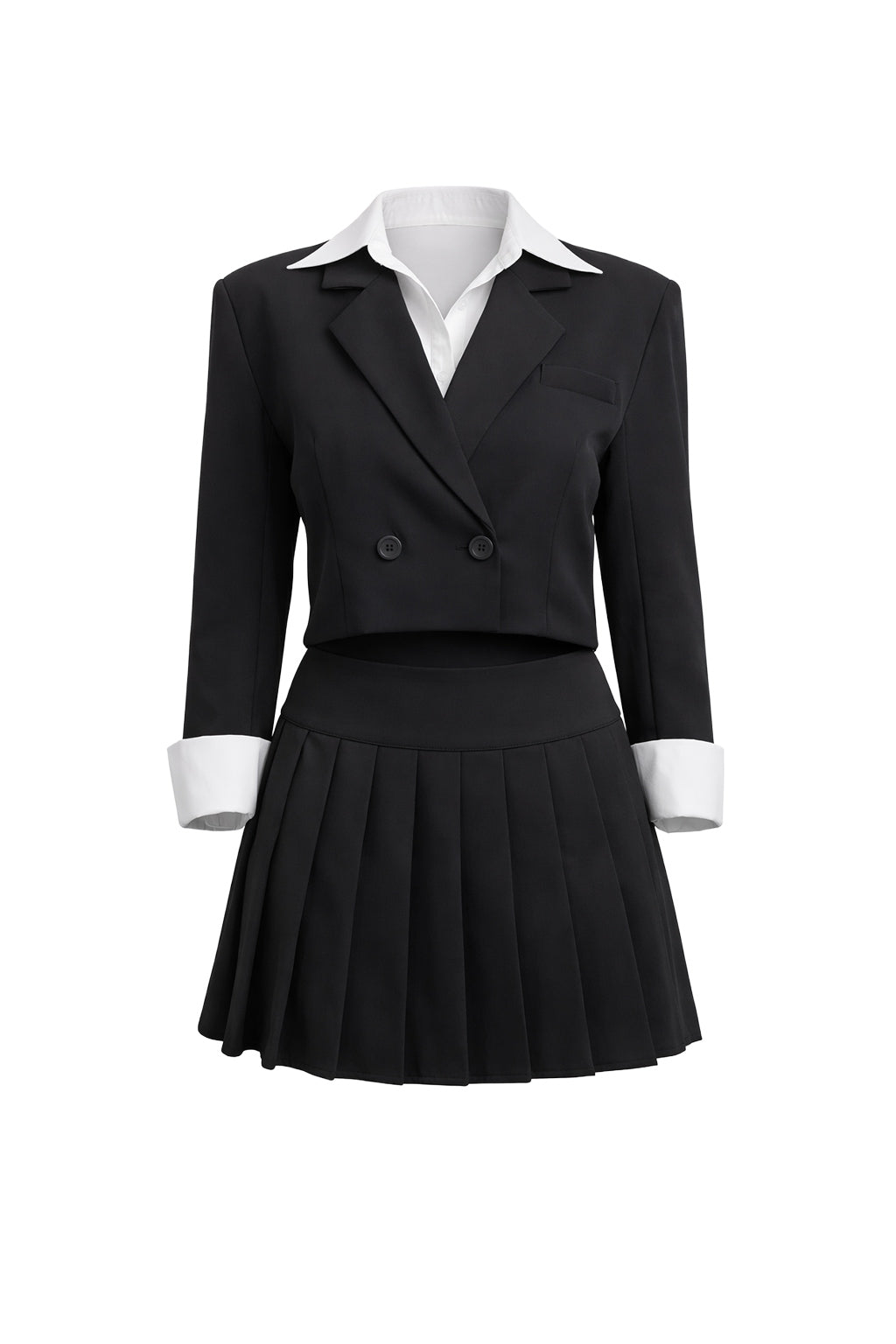 Conjunto de blazer corto con cuello en contraste y falda de tenis