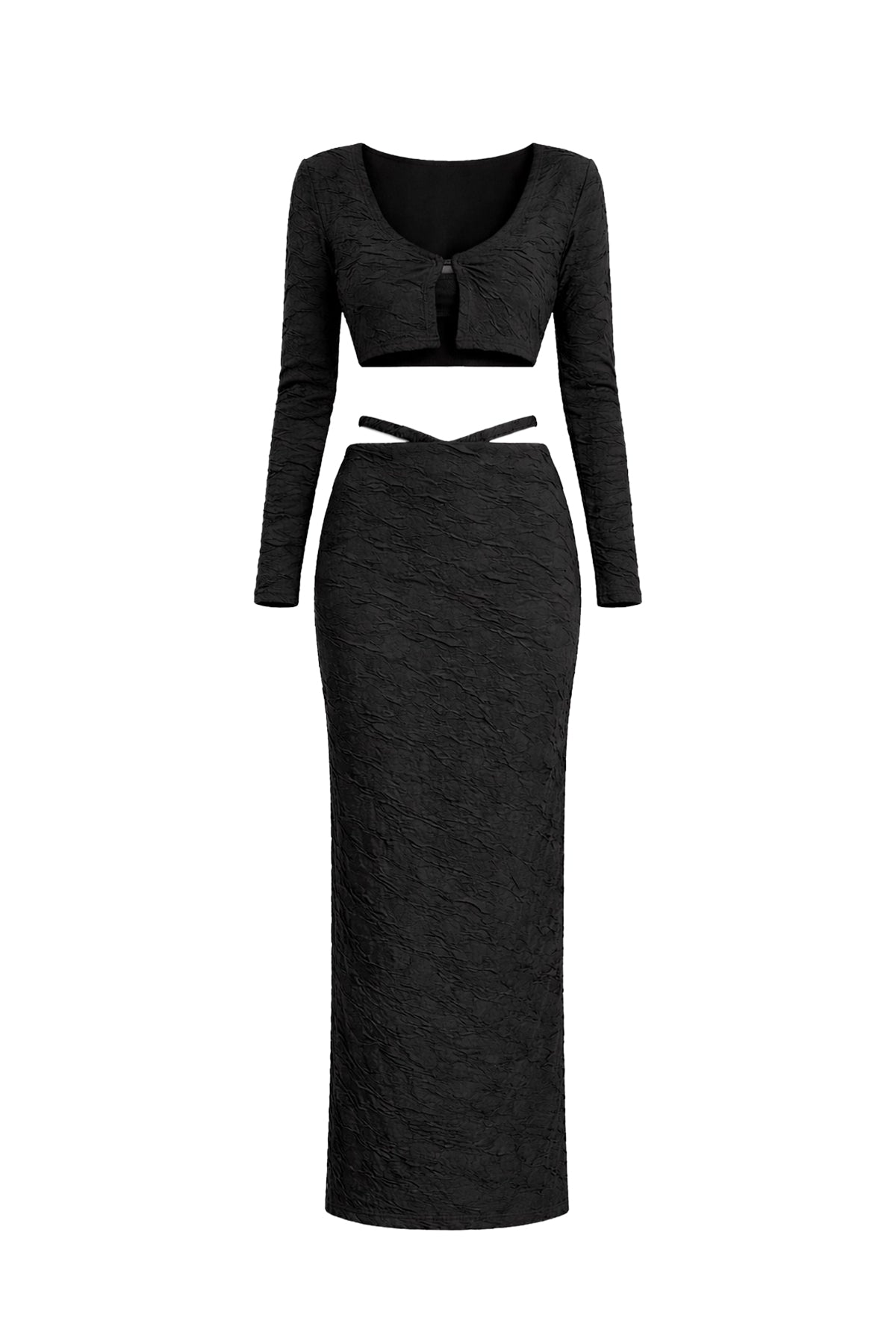 Textured Knit Bra Top, Cardigan and Maxi Skirt Set