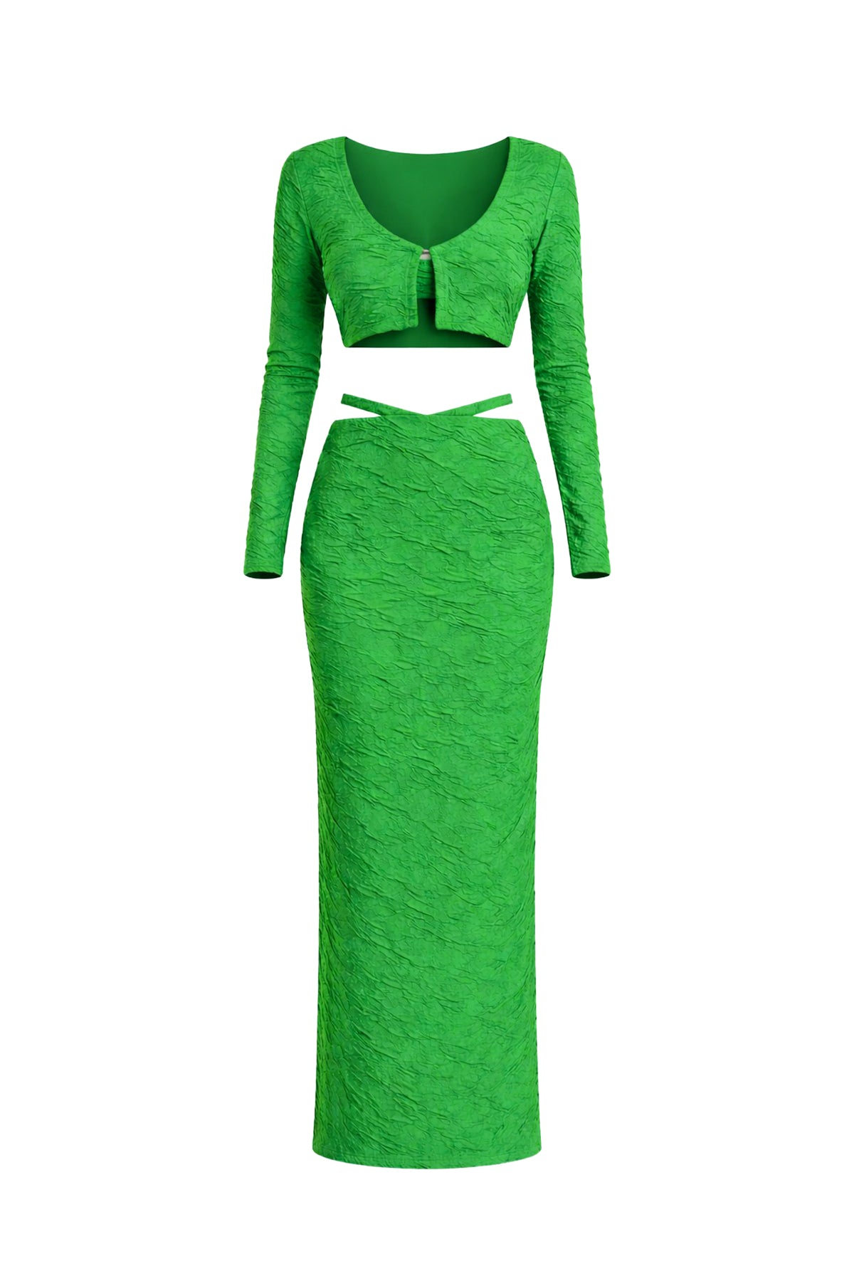Textured Knit Bra Top, Cardigan and Maxi Skirt Set