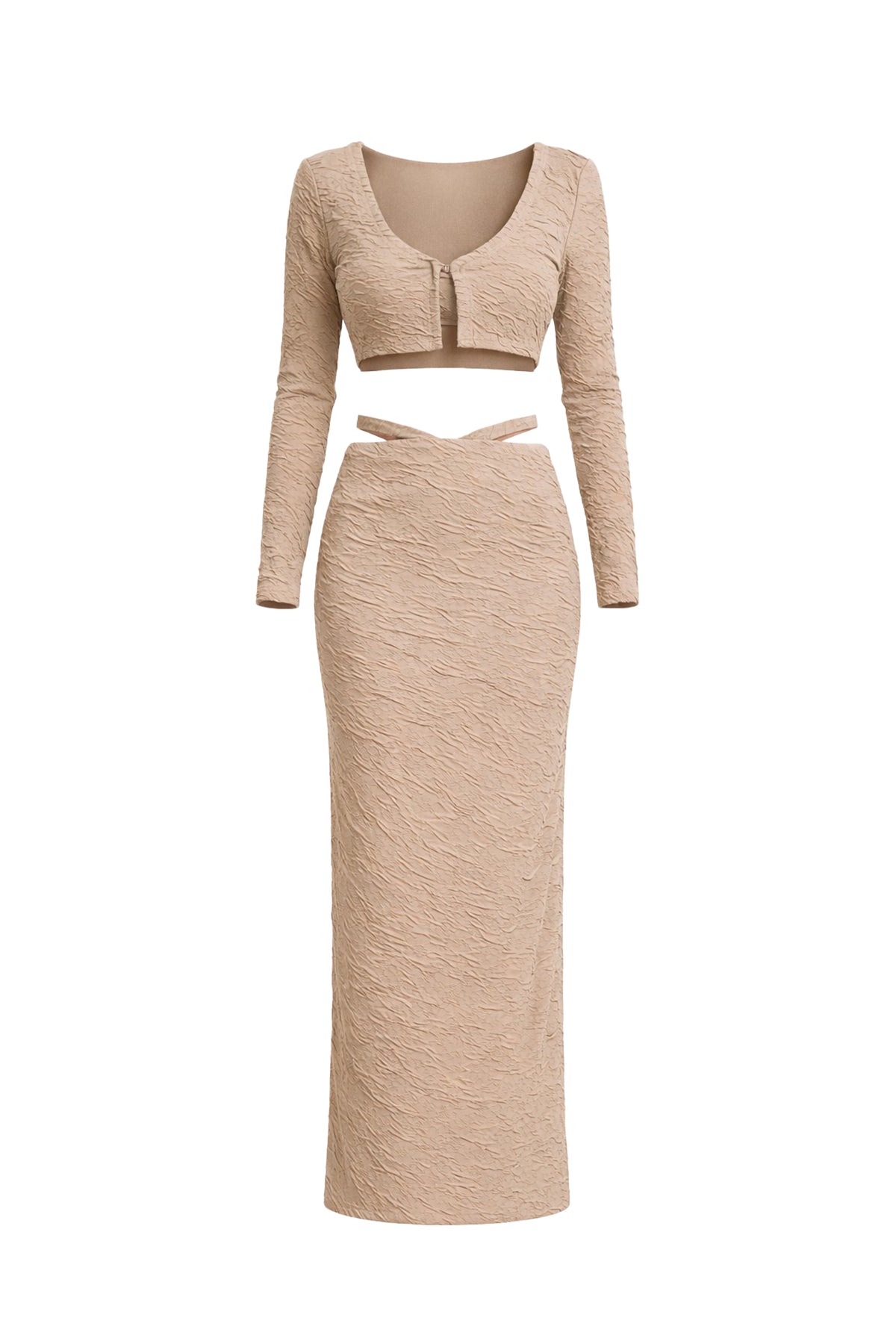 Textured Knit Bra Top, Cardigan and Maxi Skirt Set