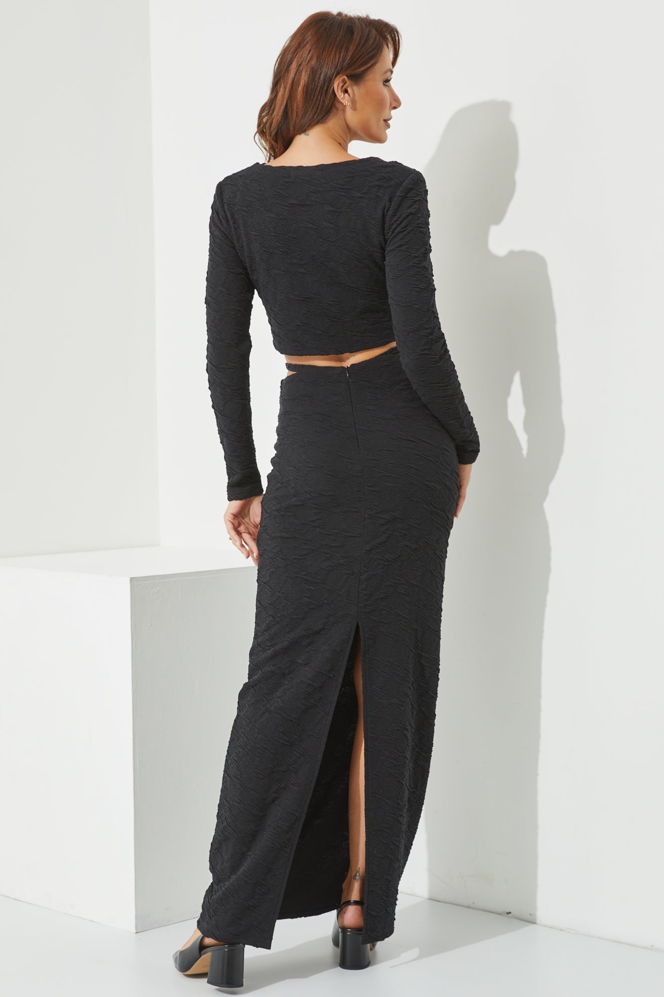 Textured Knit Bra Top, Cardigan and Maxi Skirt Set