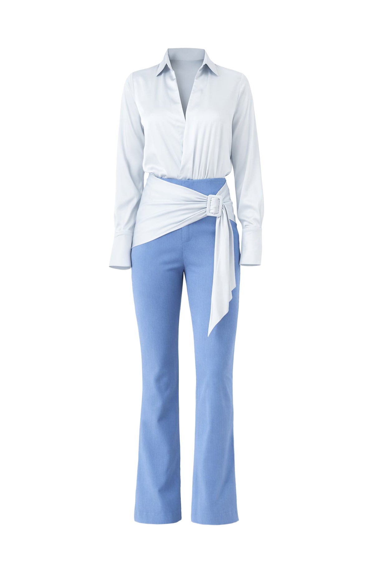 Woven Satin Shirt and Belt Detail Pants Set