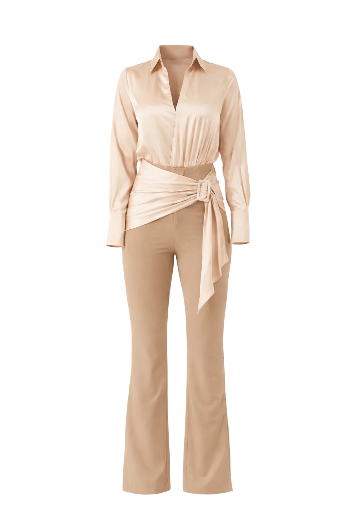 Woven Satin Shirt and Belt Detail Pants Set