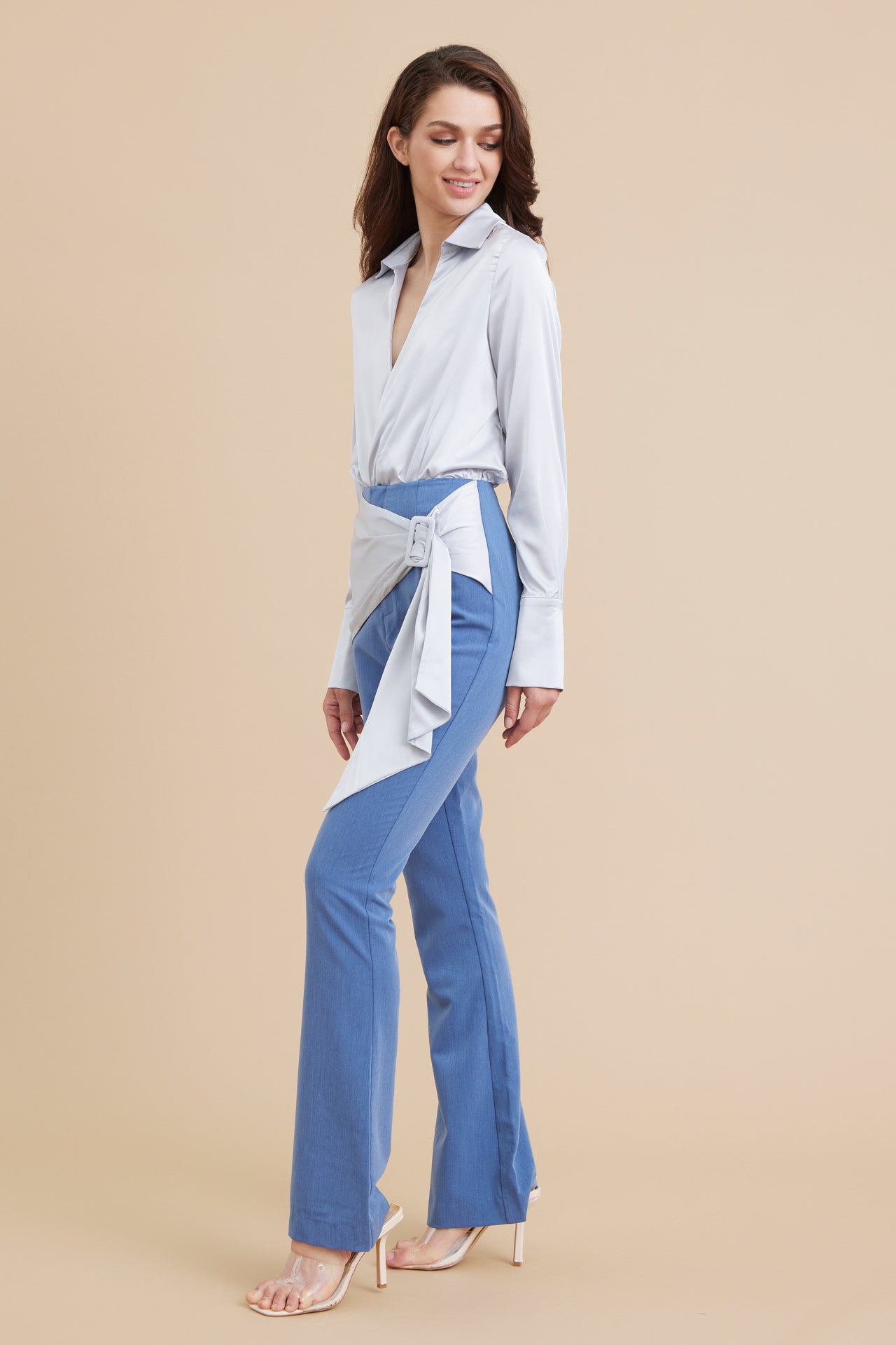 Woven Satin Shirt and Belt Detail Pants Set
