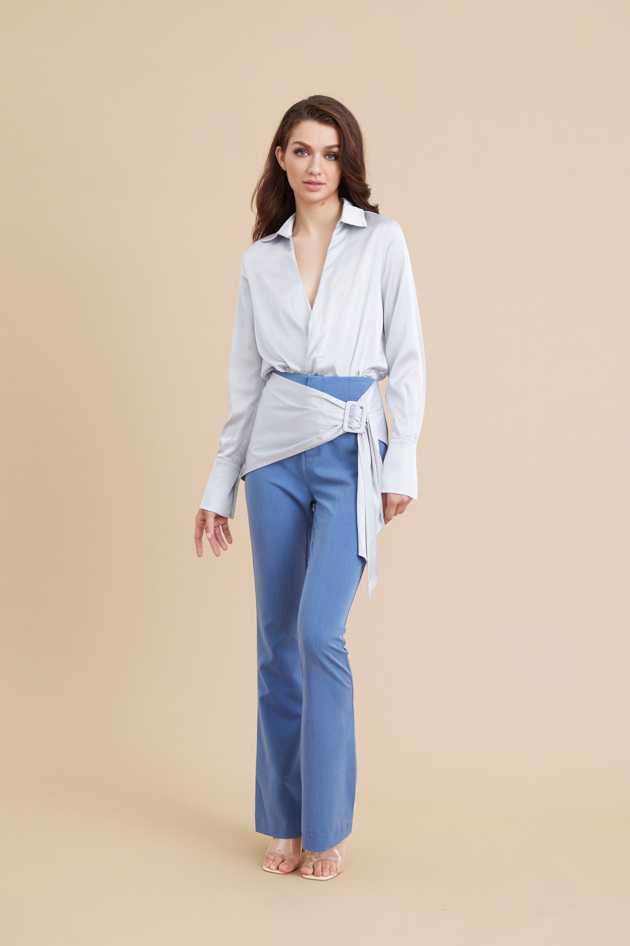 Woven Satin Shirt and Belt Detail Pants Set