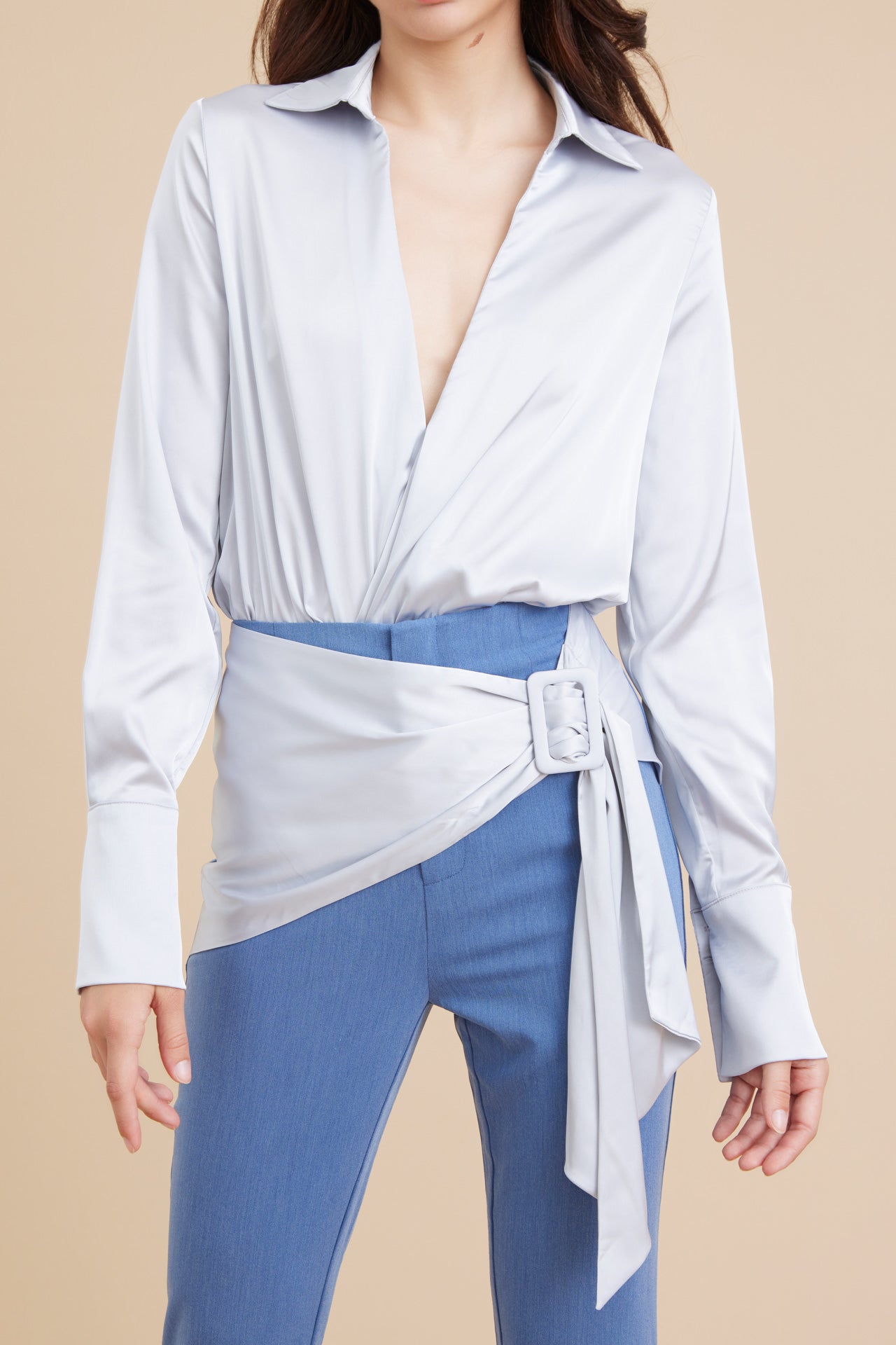 Woven Satin Shirt and Belt Detail Pants Set