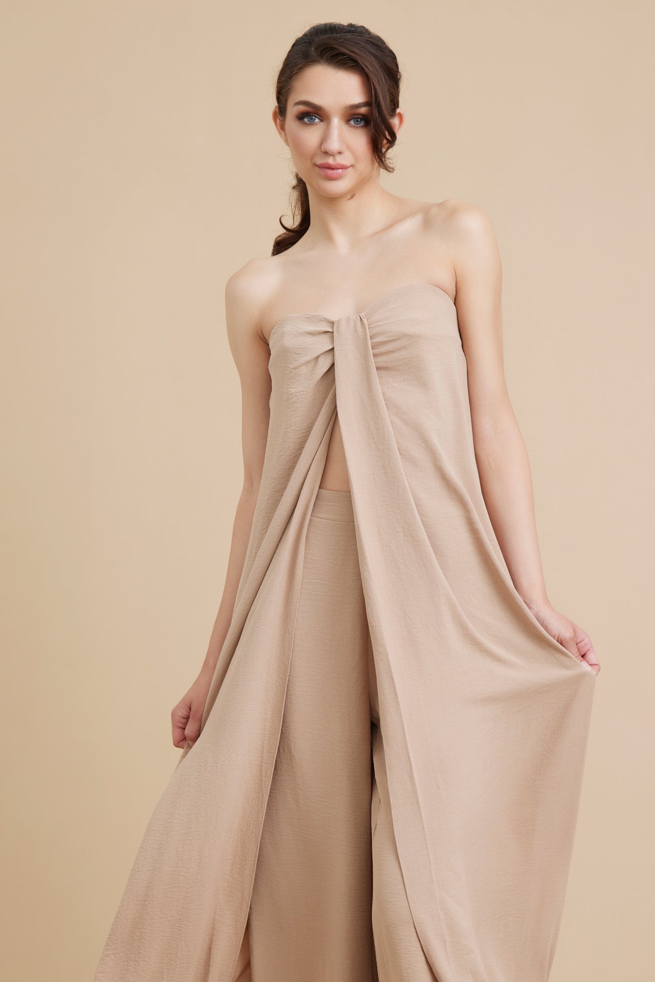 Woven Exaggerated Slit Tube Top and Wide Leg Pants Sets