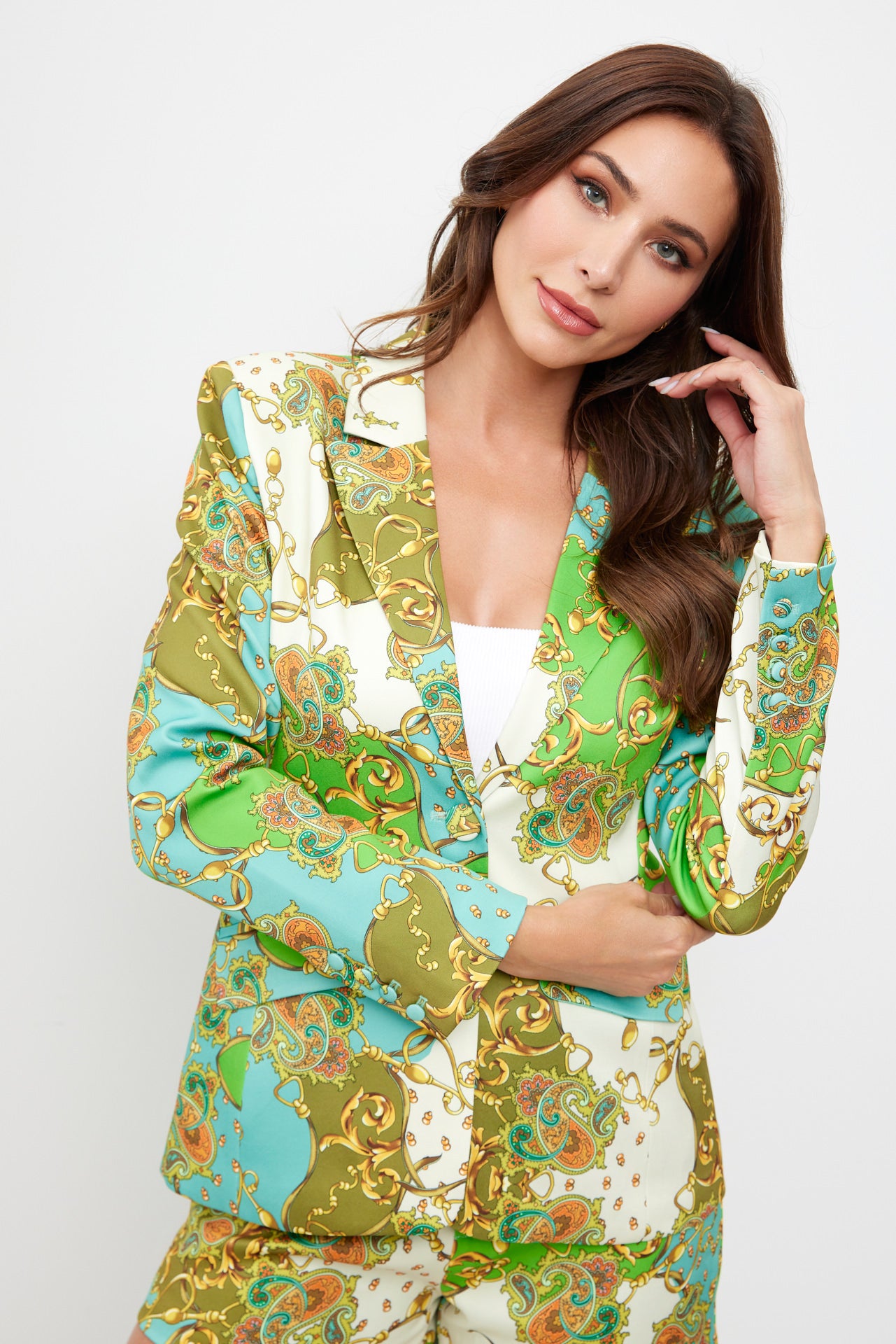 Paisley Chain Print Long Sleeve Blazer and Short Set
