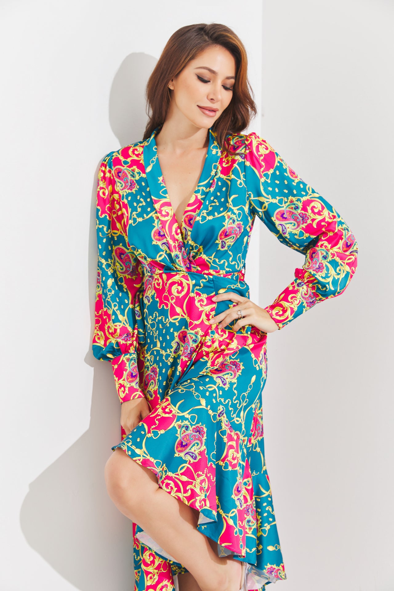 Woven Print Ruffle Detail Wrap Dress