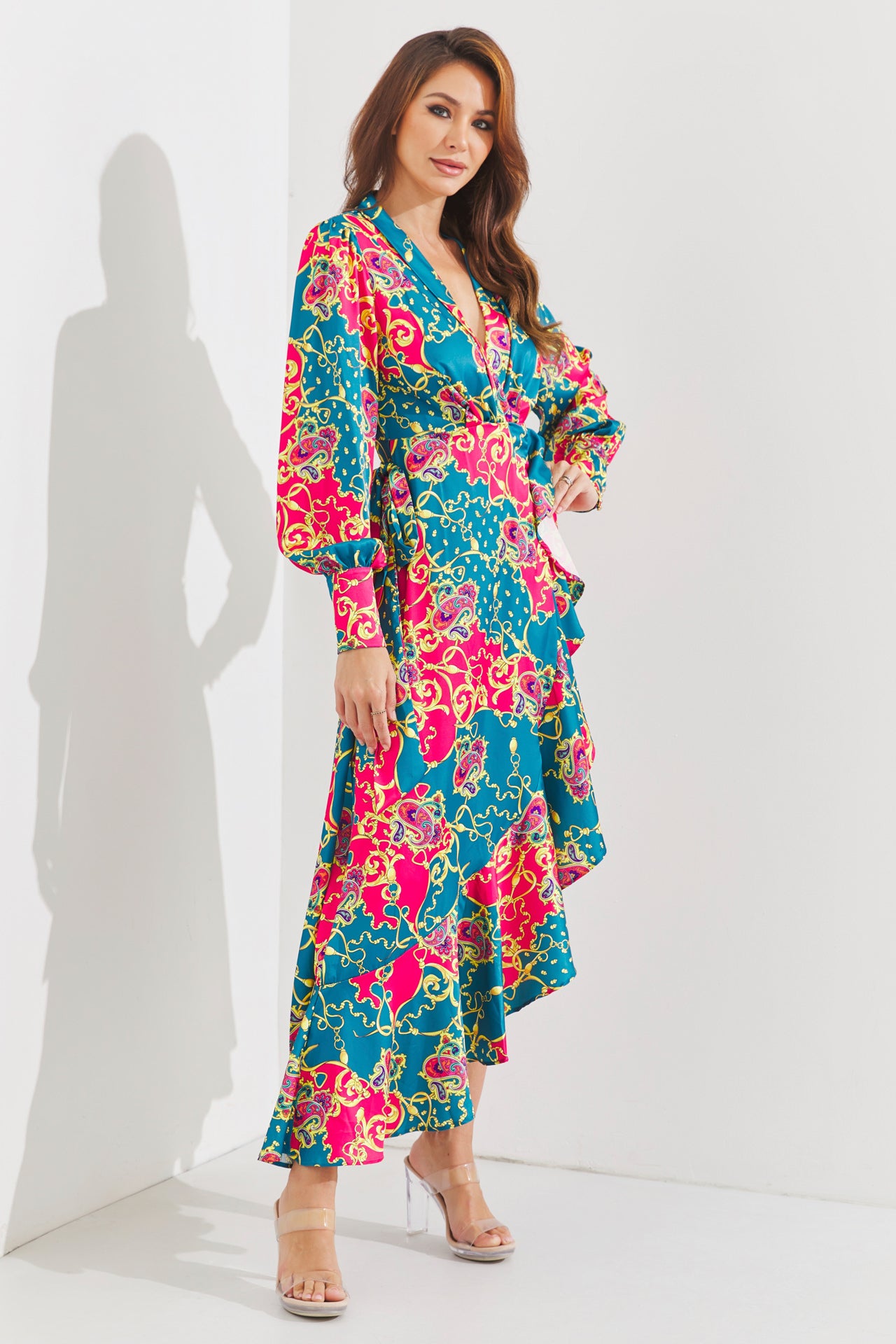Woven Print Ruffle Detail Wrap Dress