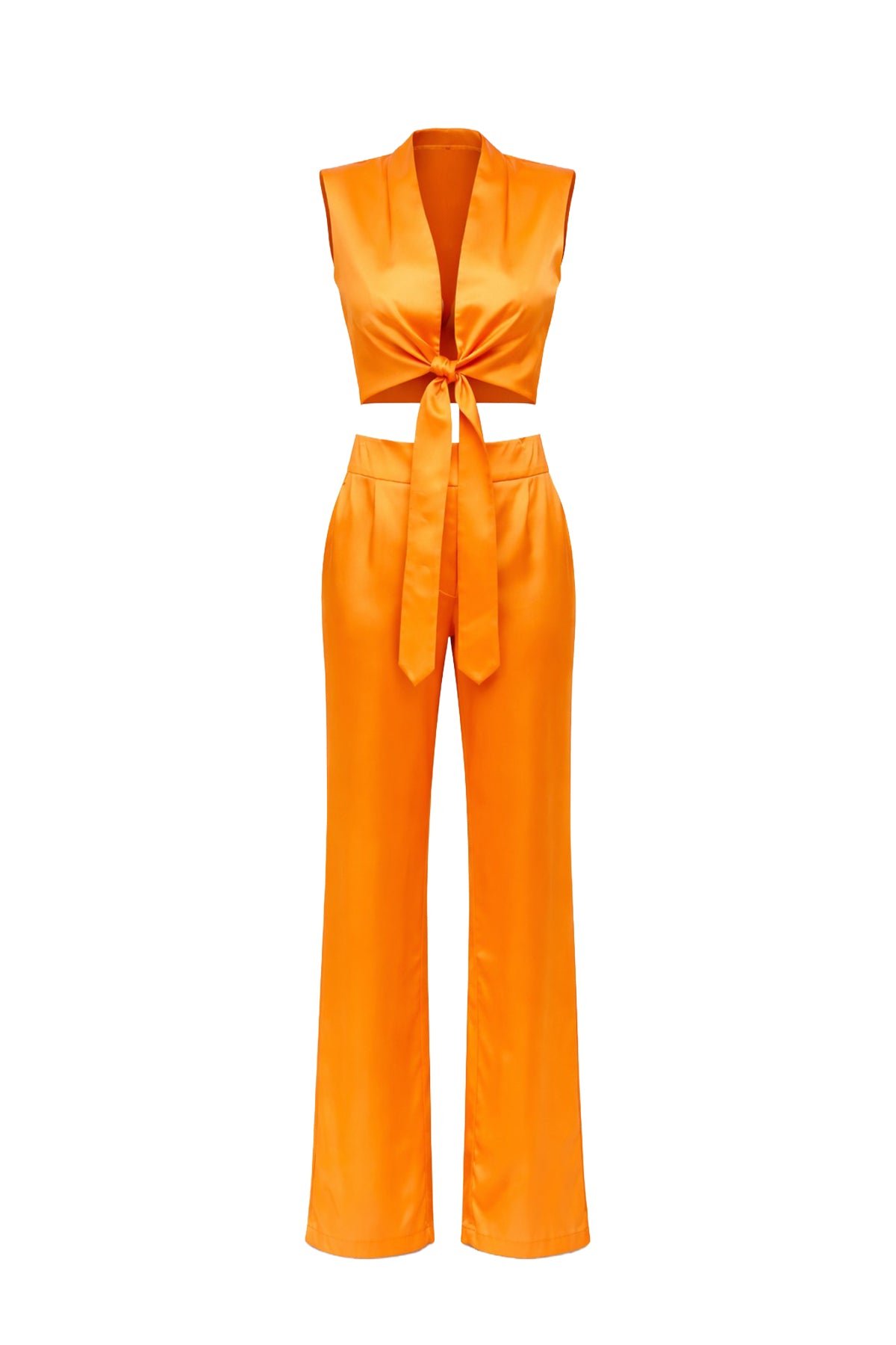 Front Tie Crop Top and Wide Leg Pants Set