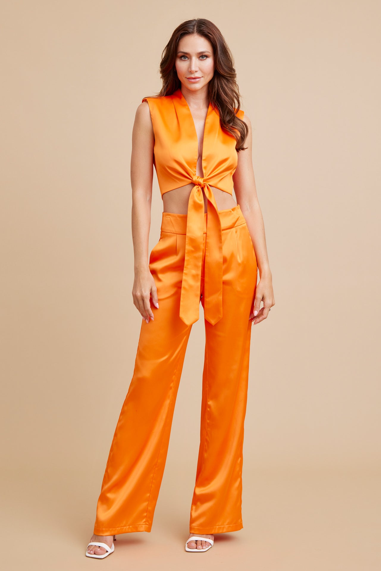 Front Tie Crop Top and Wide Leg Pants Set