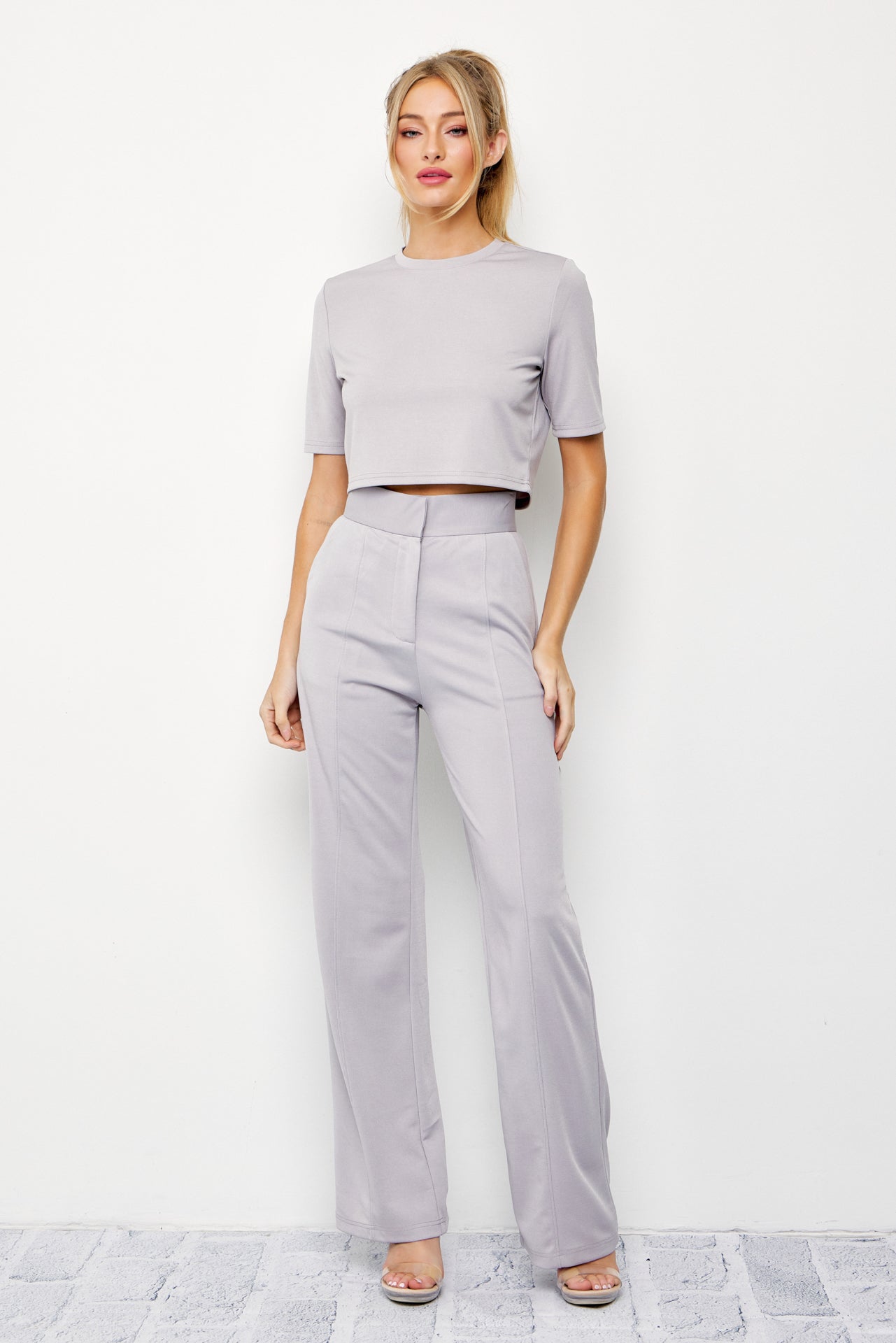 Knit Crop Top y pantalones de cintura alta Set