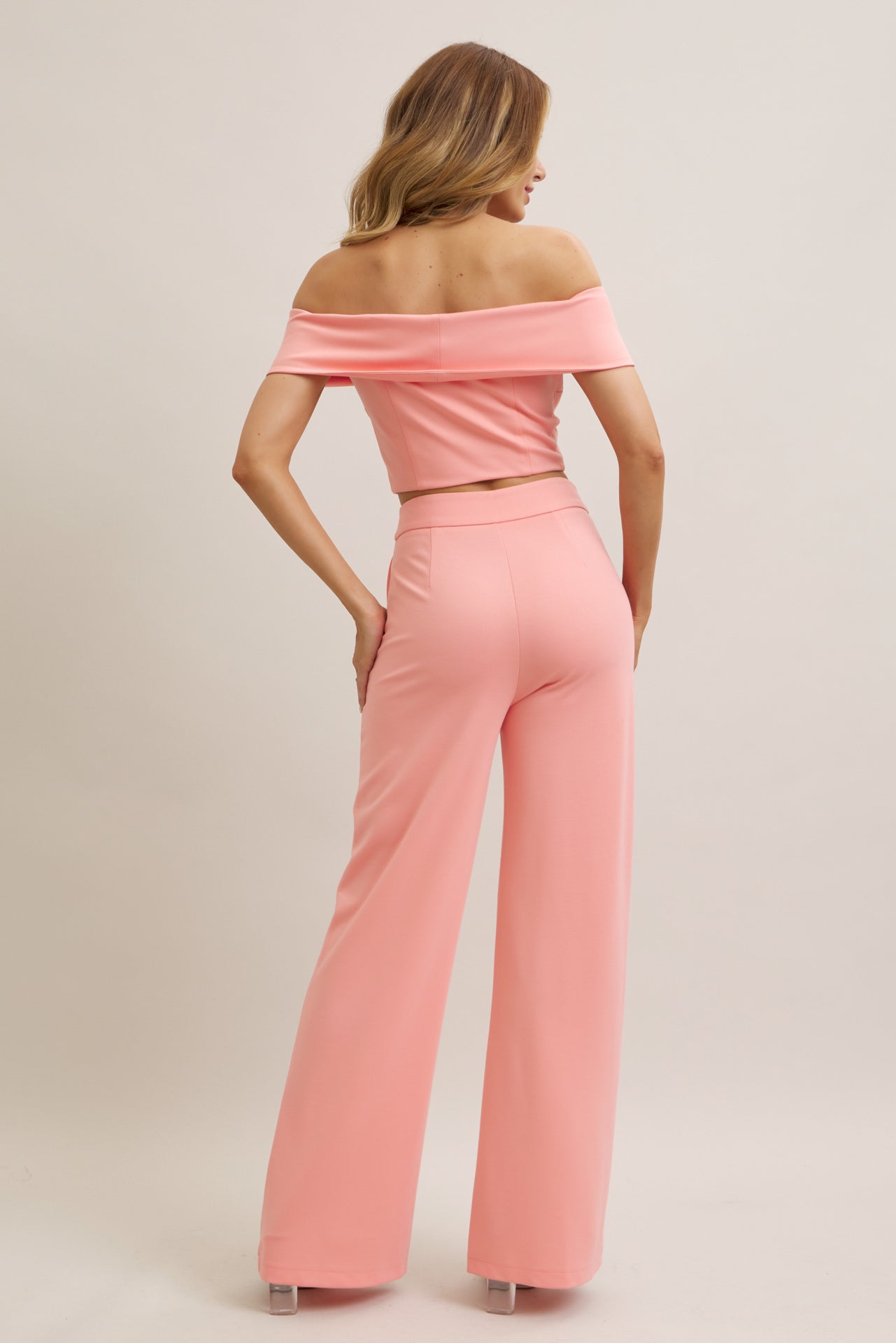 Knit Off Shoulder Crop Top and Wide Leg Pants Set