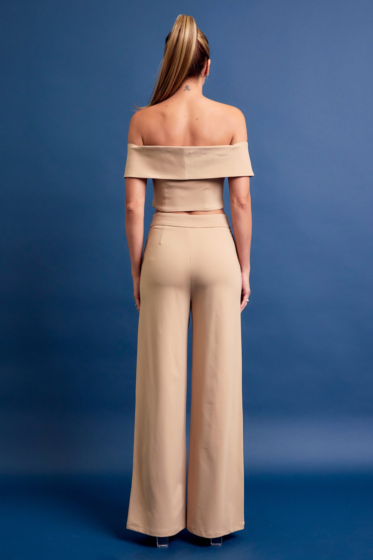 Knit Off Shoulder Crop Top and Wide Leg Pants Set
