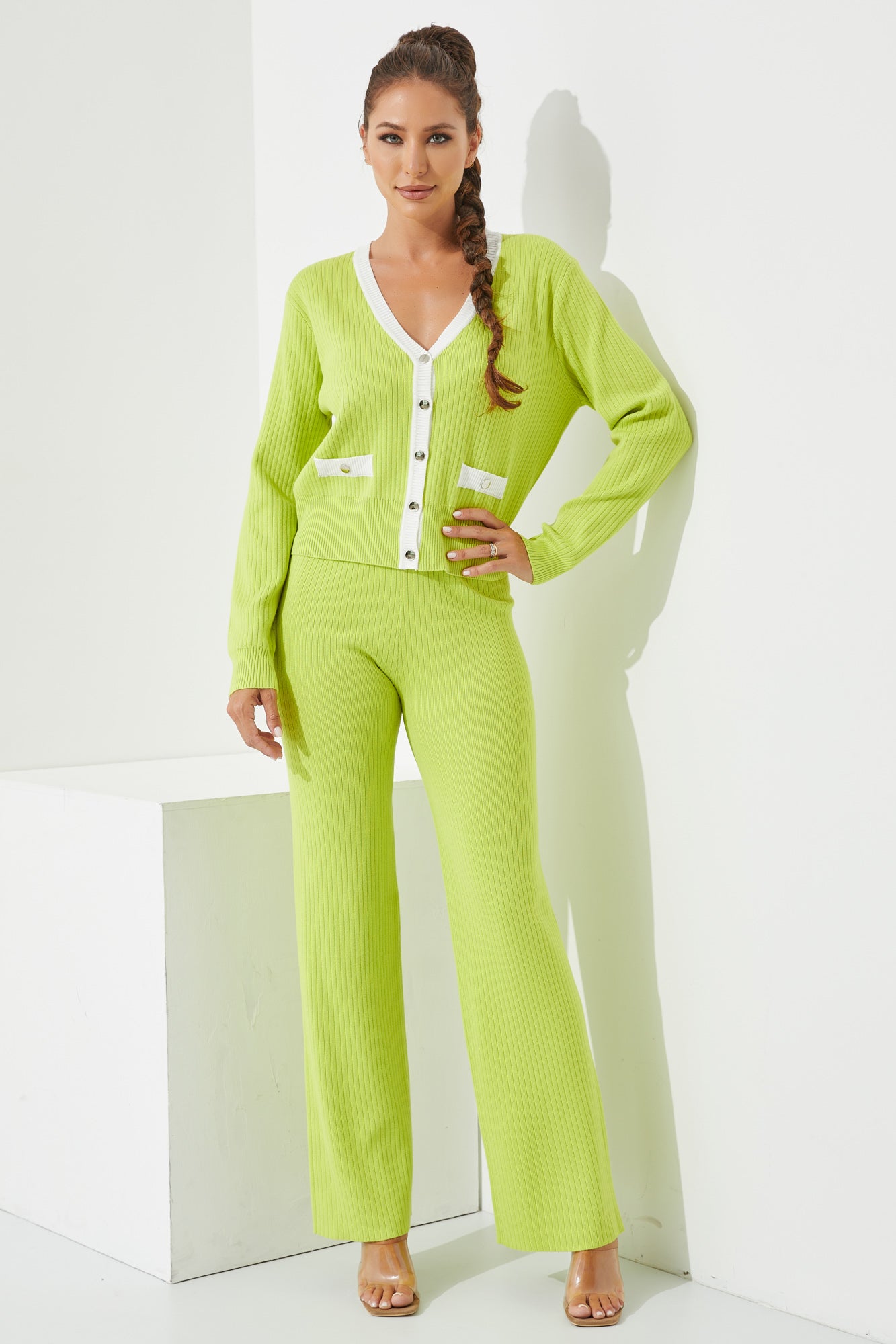 Knit Color Block Cardigan and Pants Set