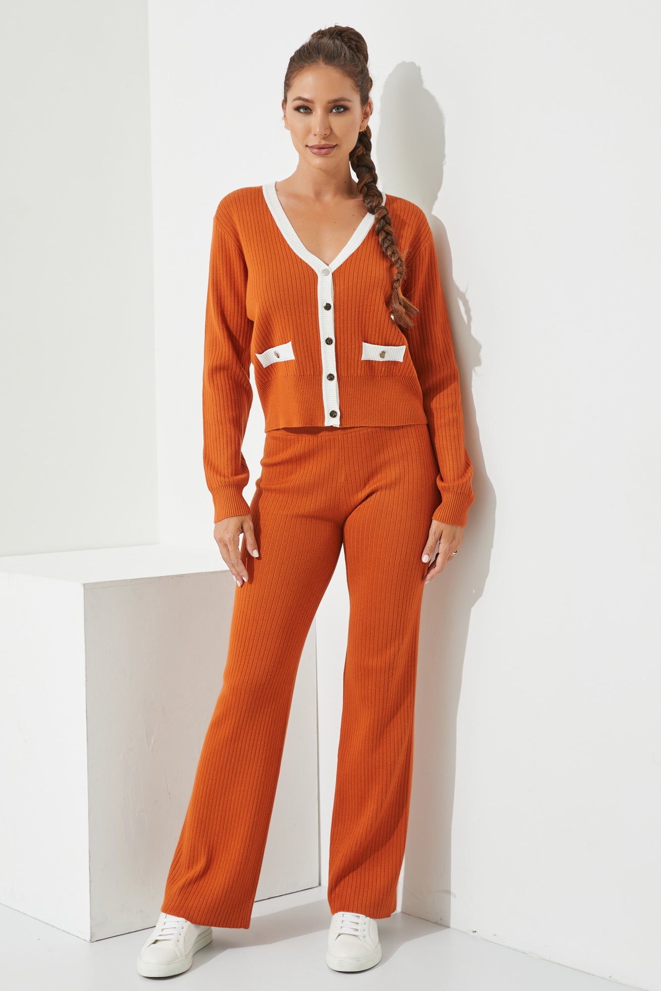 Knit Color Block Cardigan and Pants Set