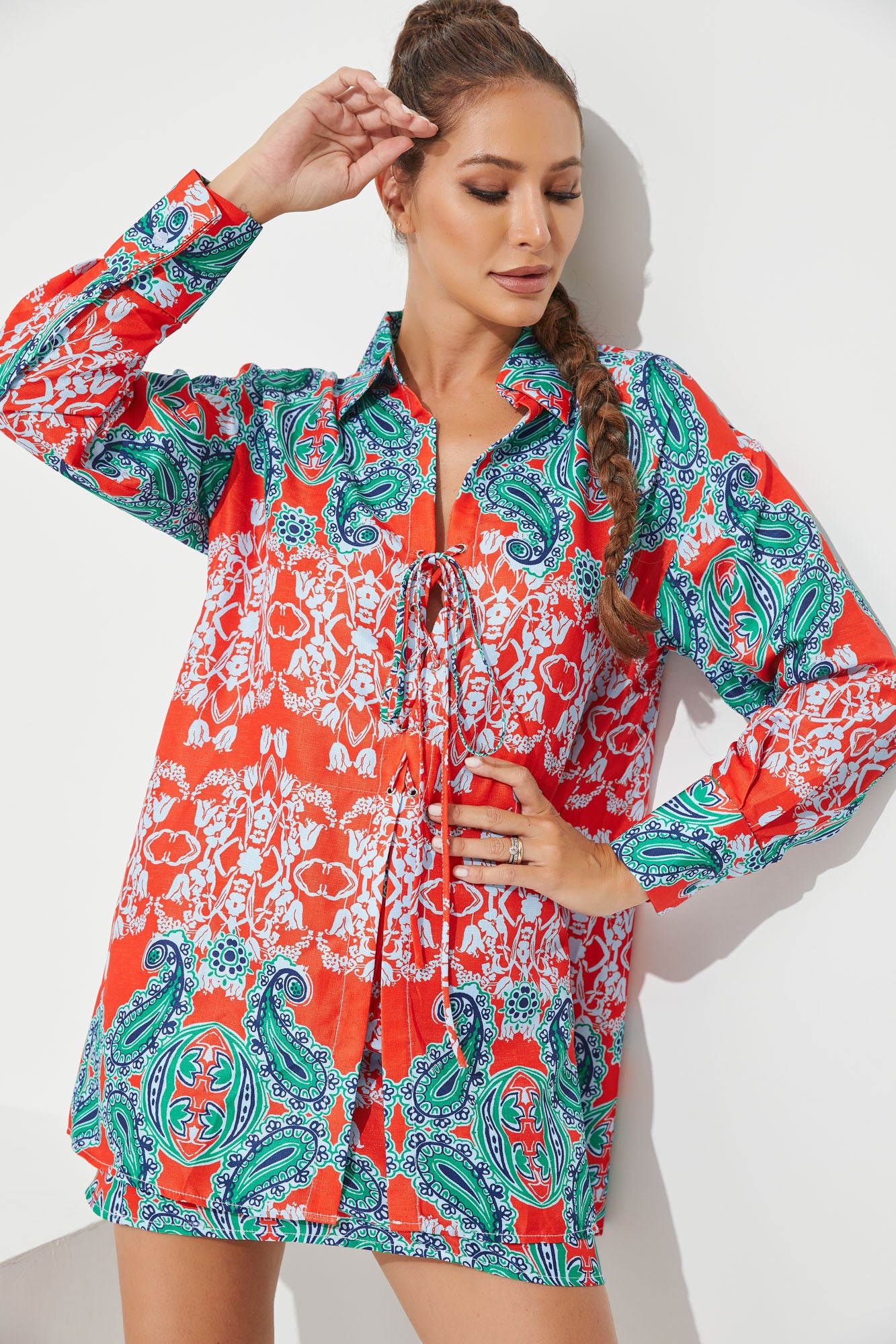 Woven Print Lace Up Shirt and Skirt Set
