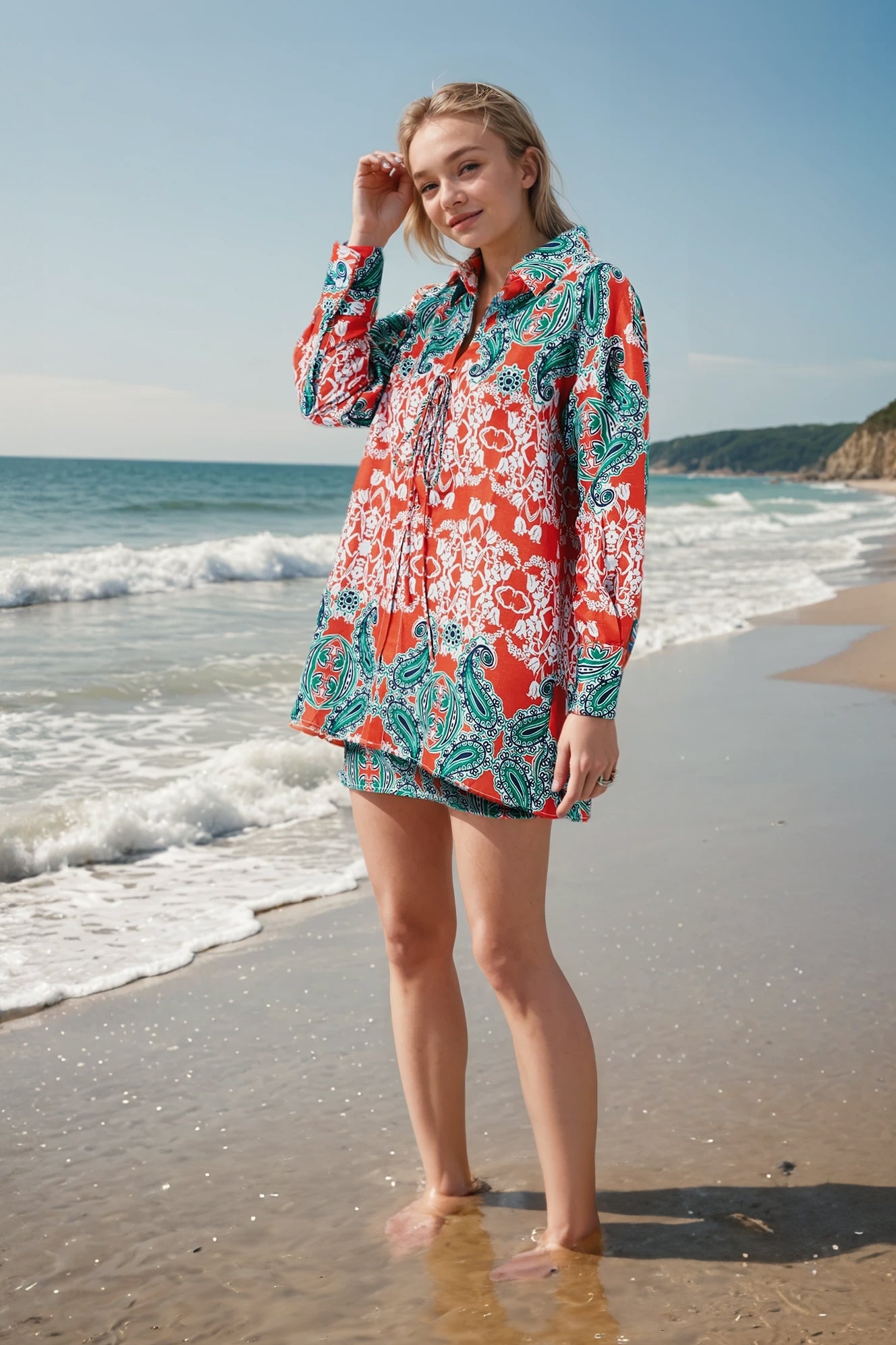 Woven Print Lace Up Shirt and Skirt Set