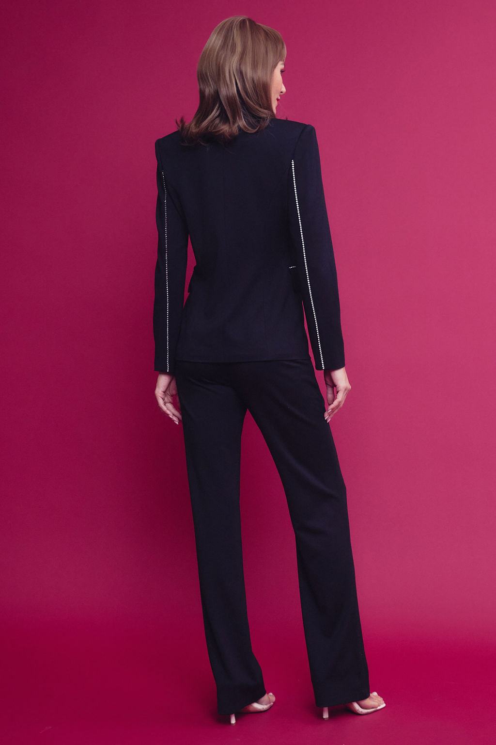 Woven Blazer With Rhinestone and Pants Set