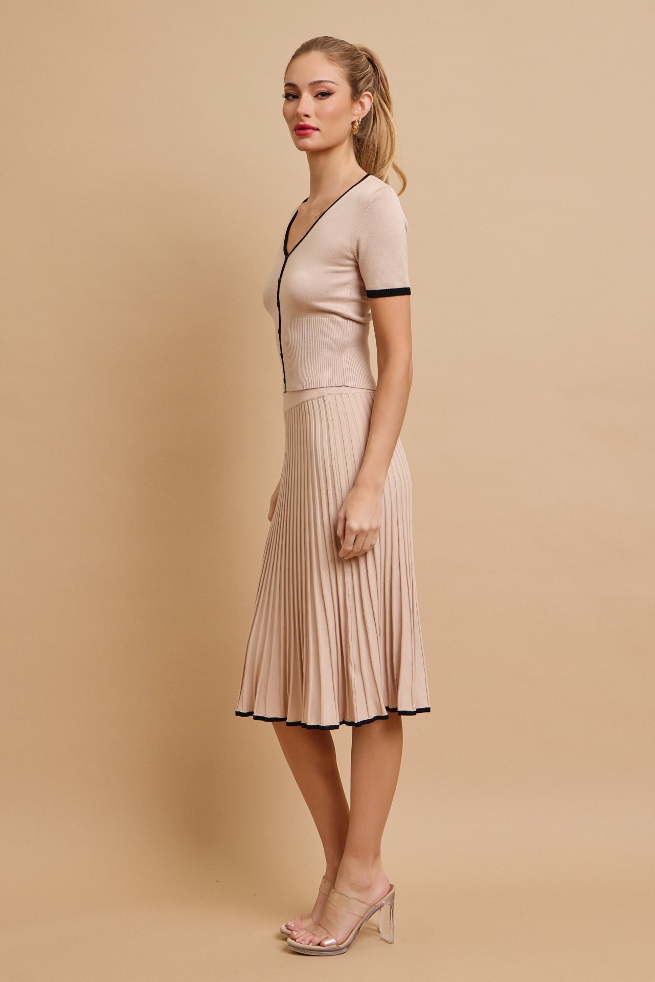 Evadne Short Sleeve Top With Flare Skirt Set