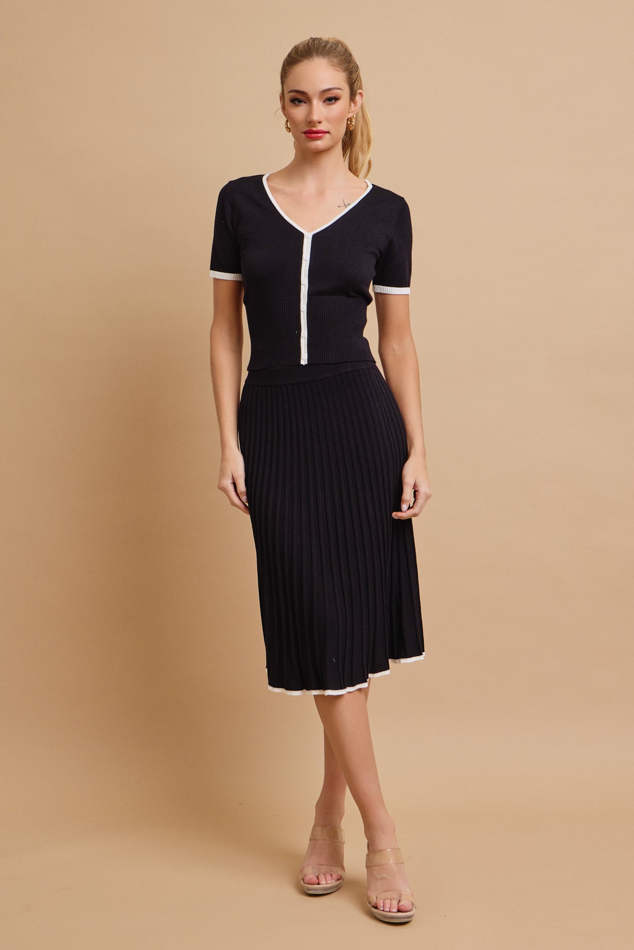 Evadne Short Sleeve Top With Flare Skirt Set