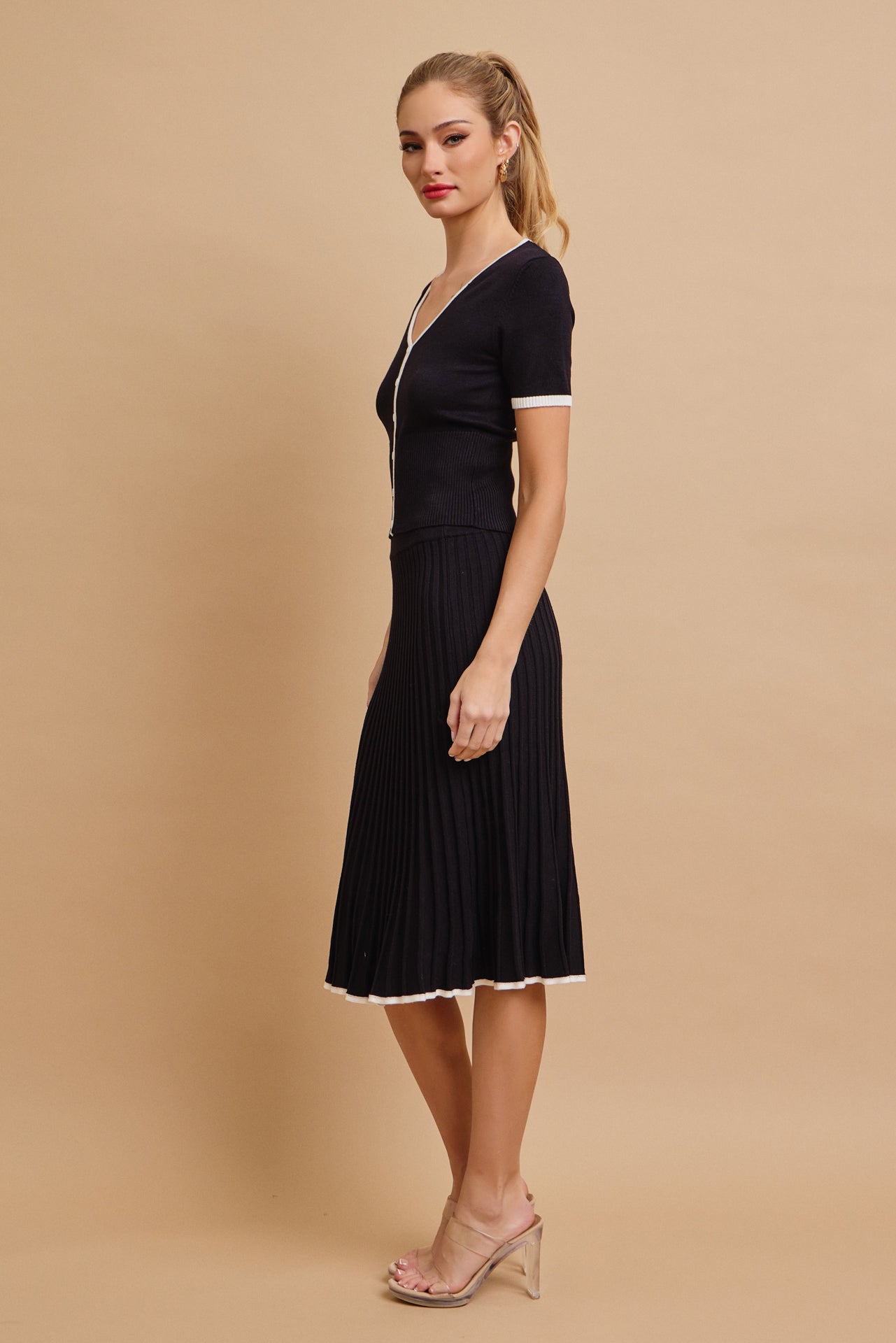 Evadne Short Sleeve Top With Flare Skirt Set