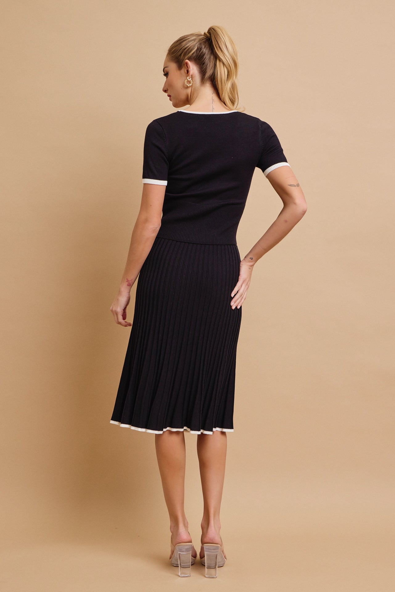 Evadne Short Sleeve Top With Flare Skirt Set