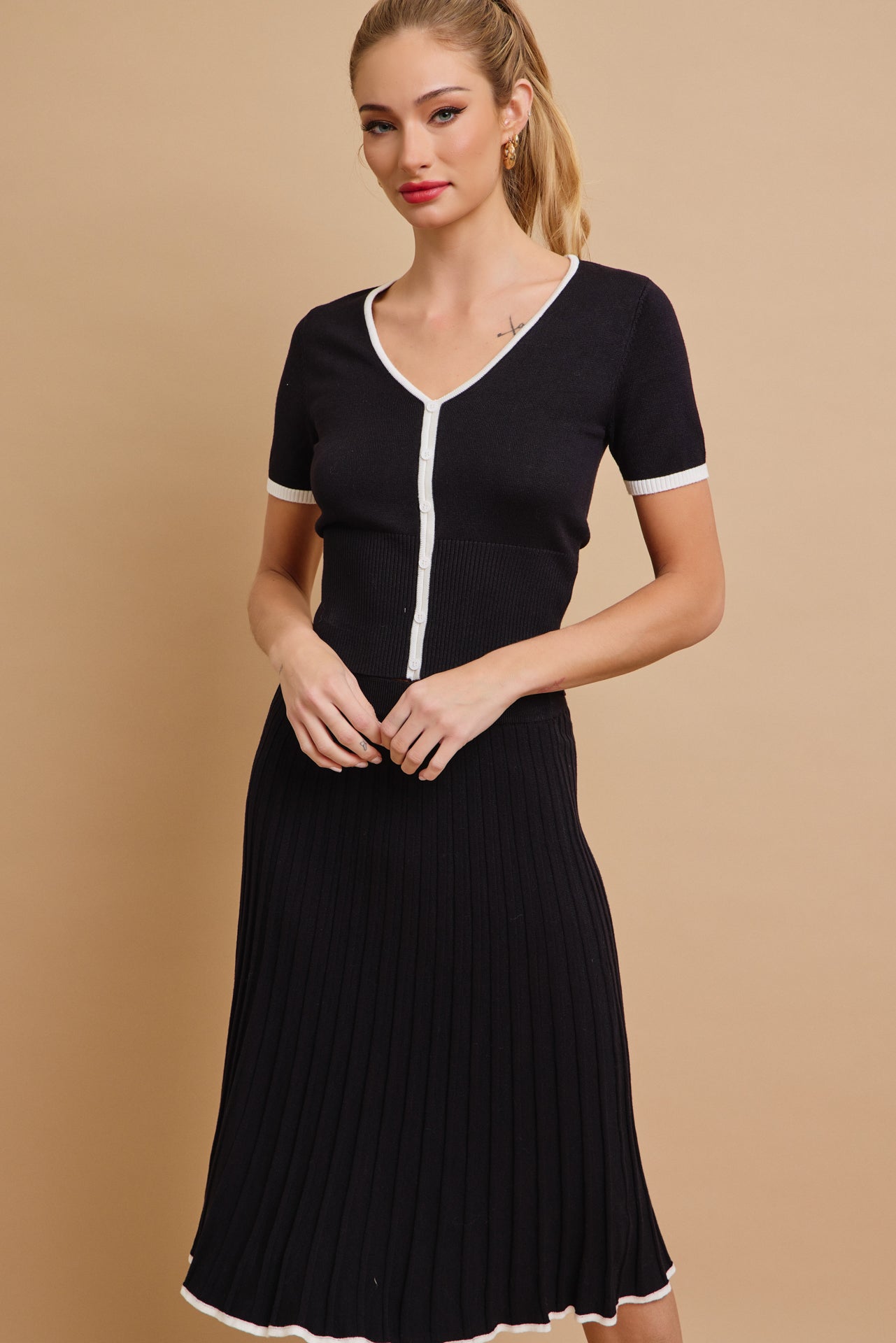 Evadne Short Sleeve Top With Flare Skirt Set