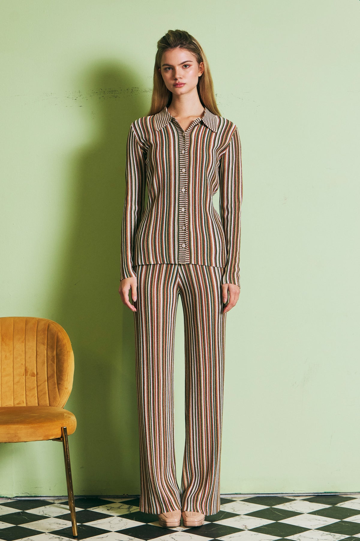 Caprière Long Sleeve Striped Knit Top with Pants Set