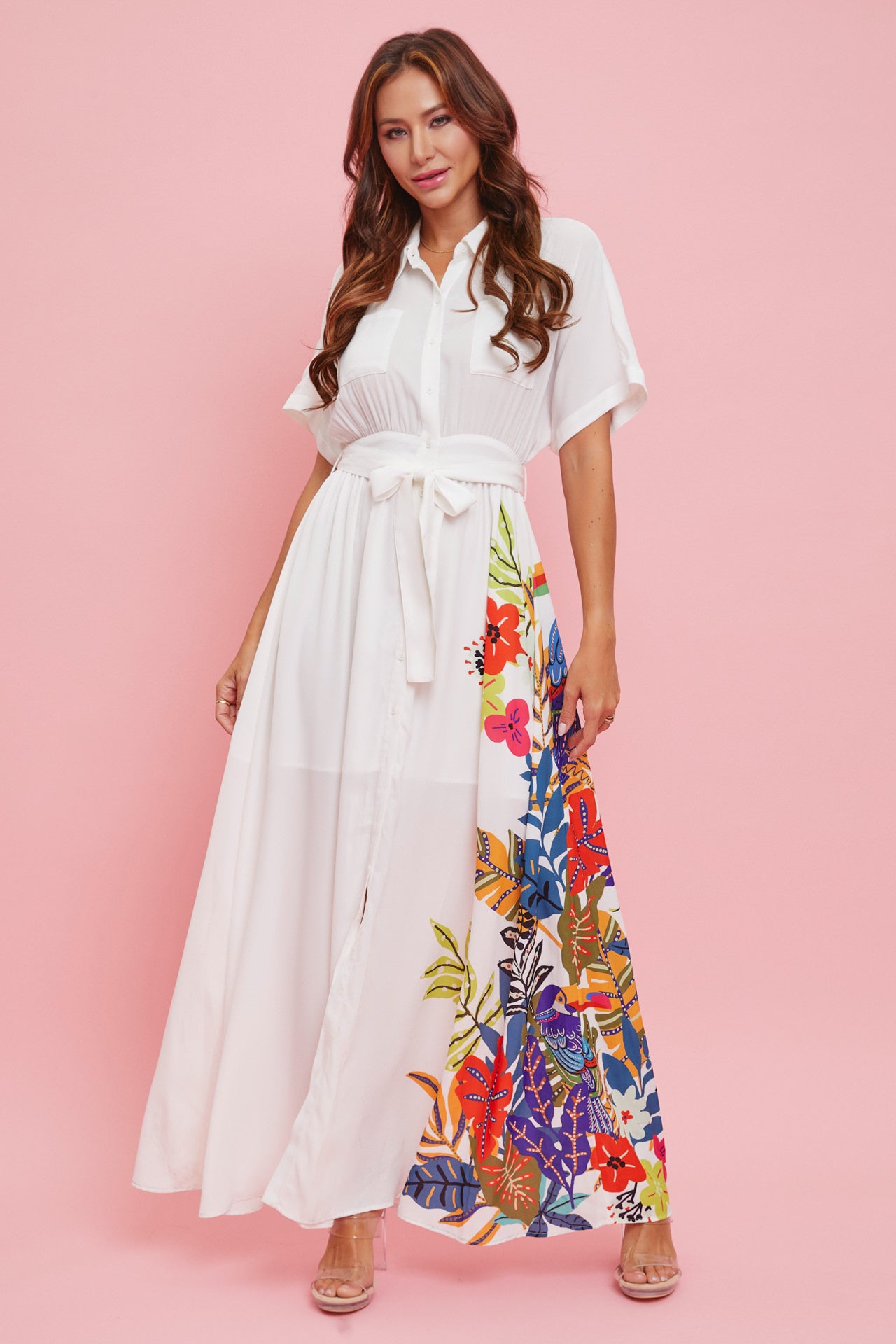 Woven Print Short Sleeve Button Down Maxi Dress