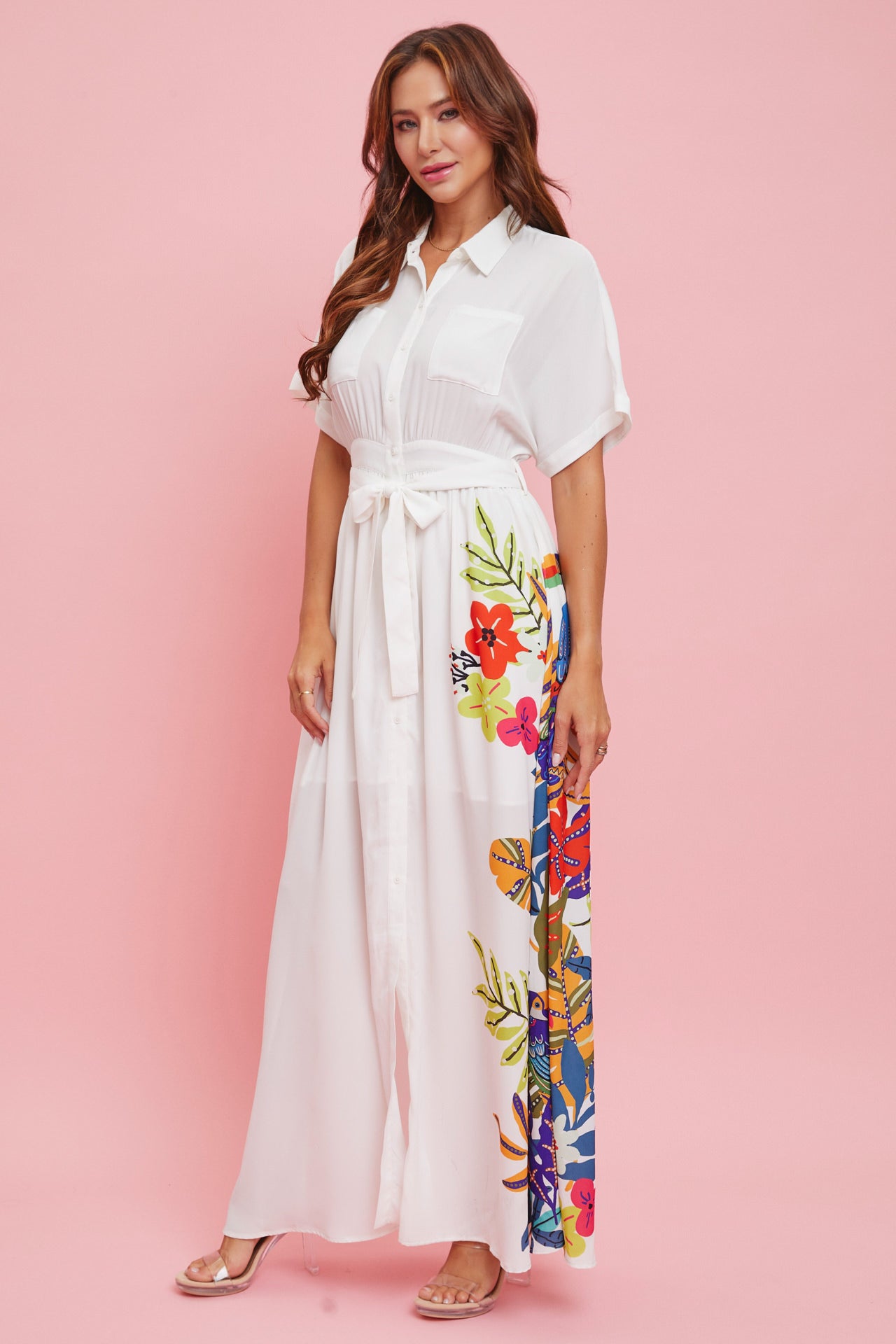 Woven Print Short Sleeve Button Down Maxi Dress