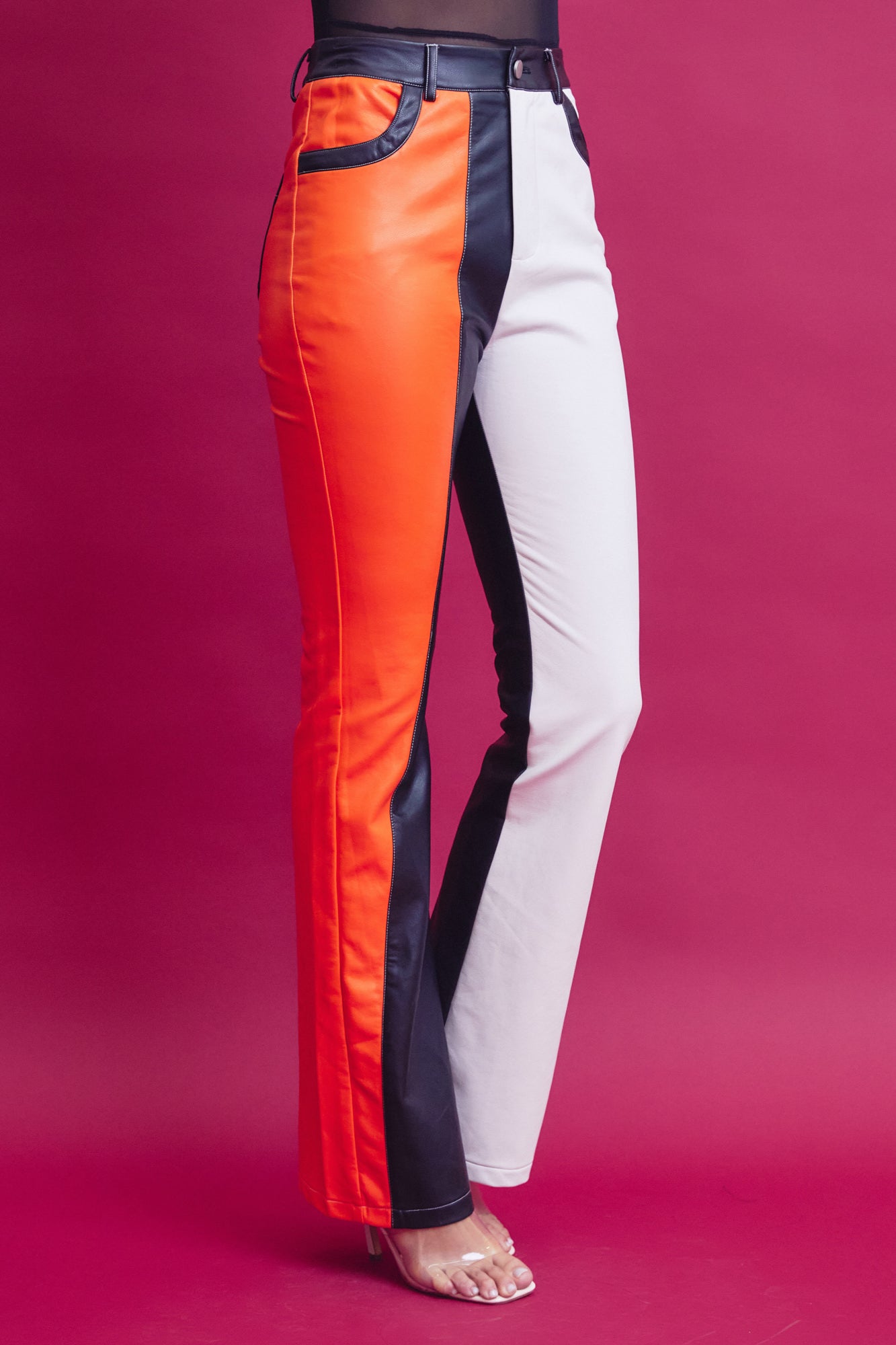 Sheer Mesh Bodysuit and Pu Color Block Flare Pants