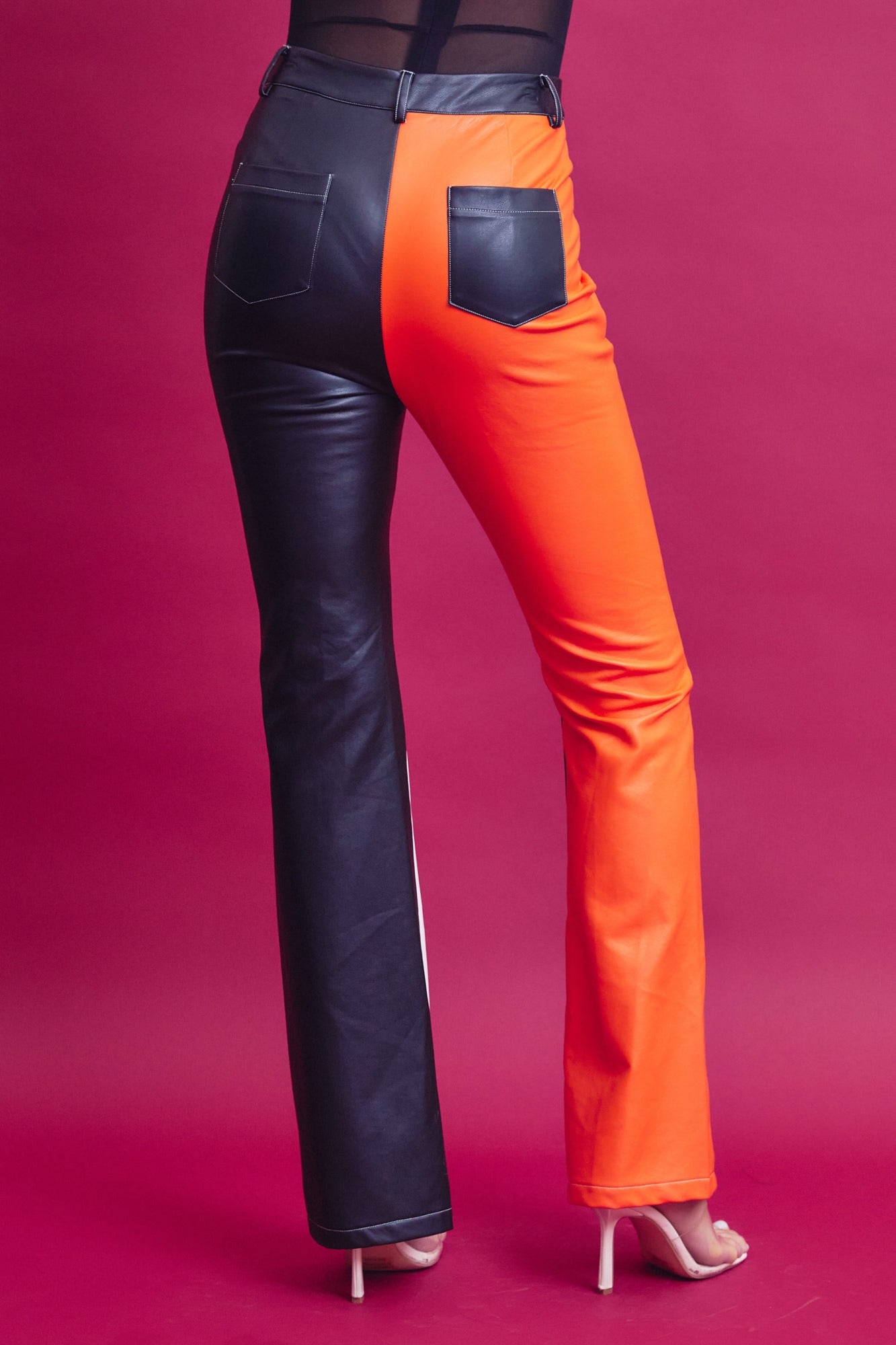 Sheer Mesh Bodysuit and Pu Color Block Flare Pants