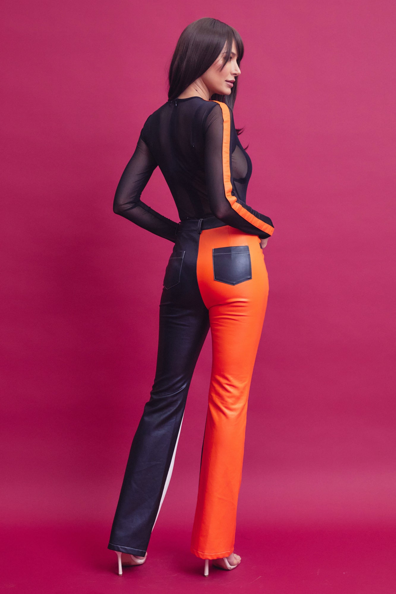 Sheer Mesh Bodysuit and Pu Color Block Flare Pants