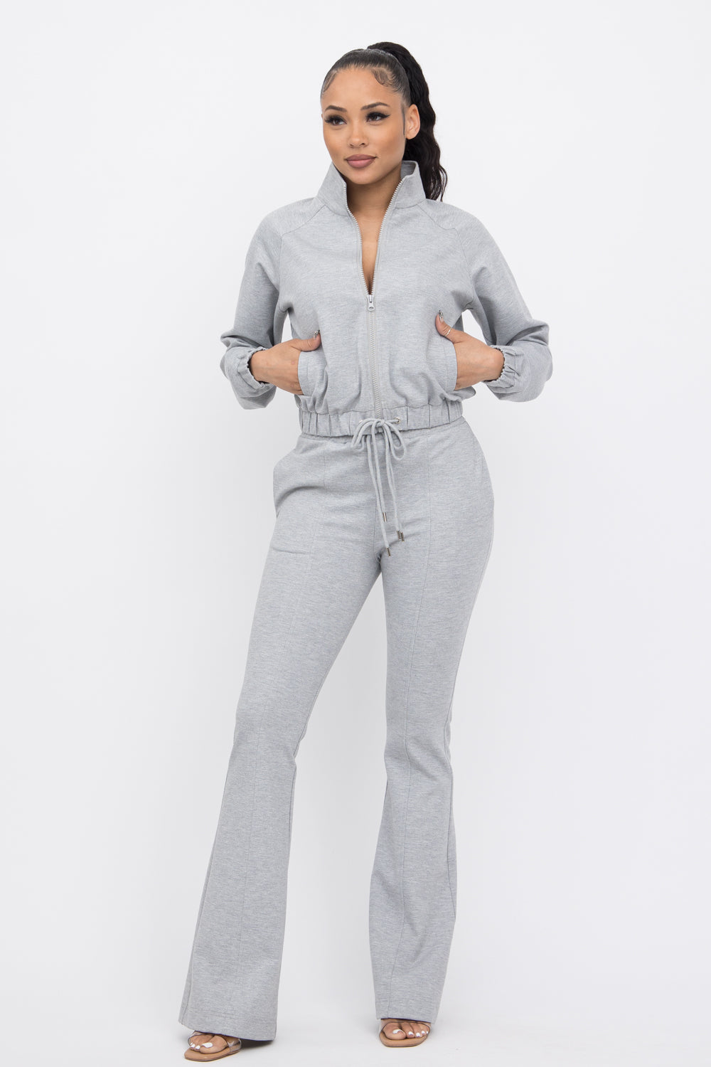 Simple Day Knit Track Jacket and Flare Pants Set