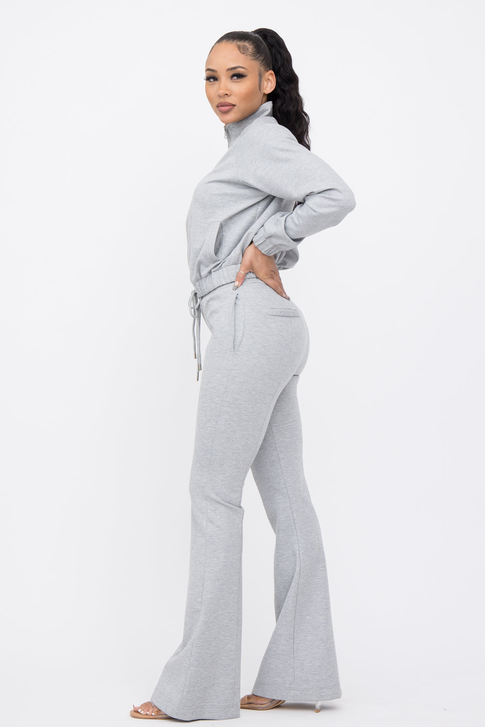Simple Day Knit Track Jacket and Flare Pants Set