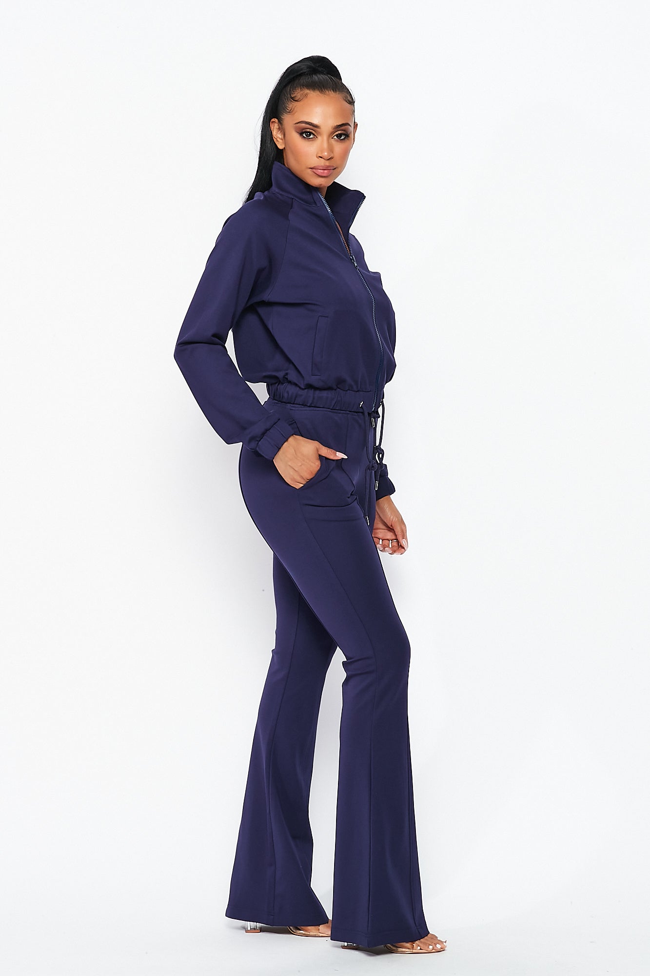 Simple Day Knit Track Jacket and Flare Pants Set